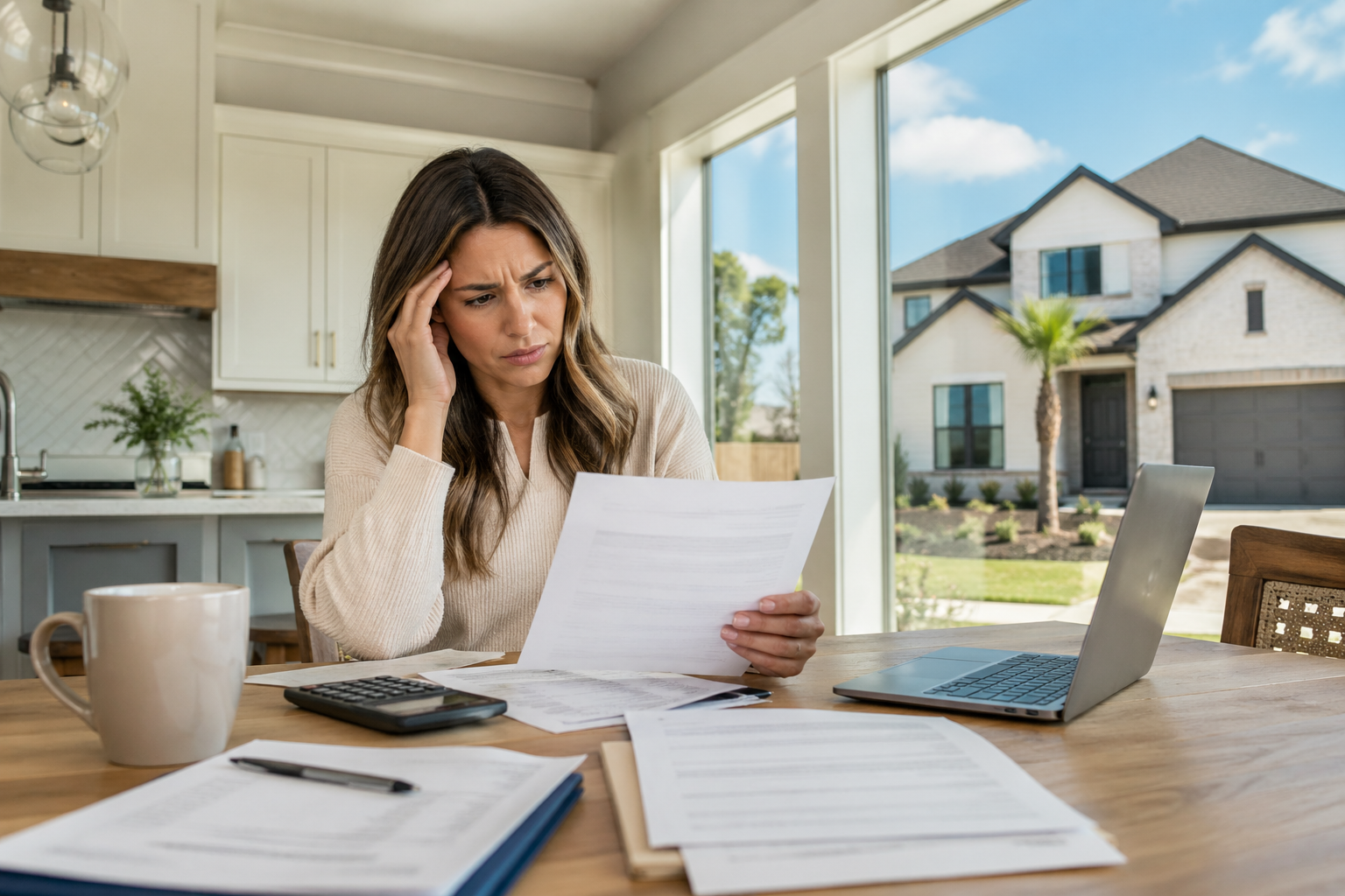 Texas City new construction home with homeowner reviewing increased mortgage payment documents