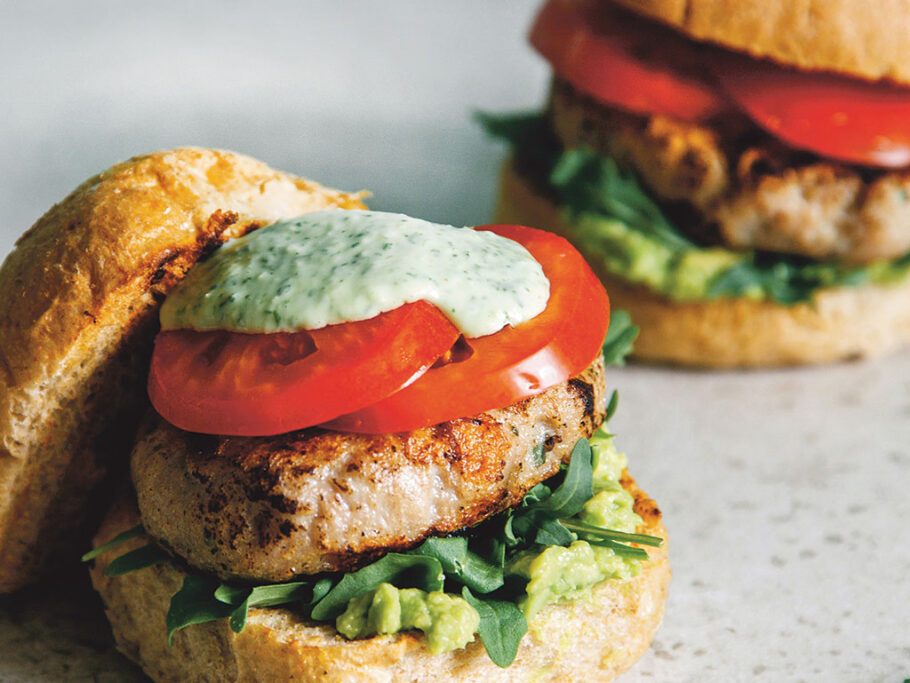 Barbecued Chicken Burgers with Basil Aioli header image.