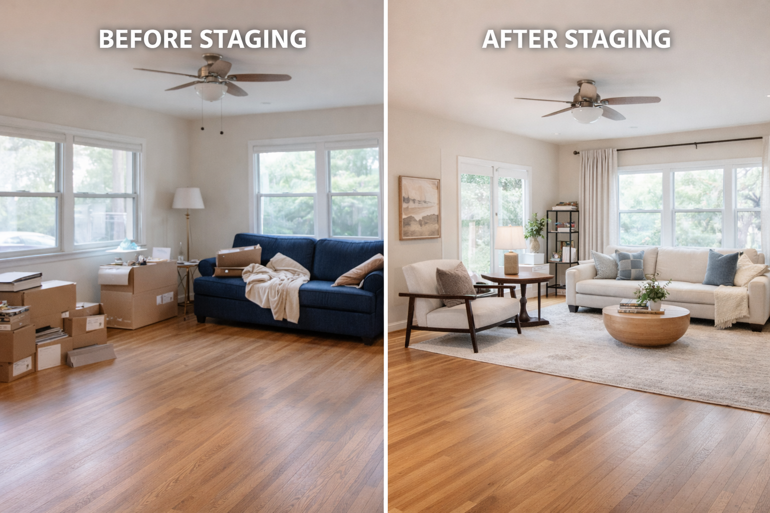 Image of living room before and after staging