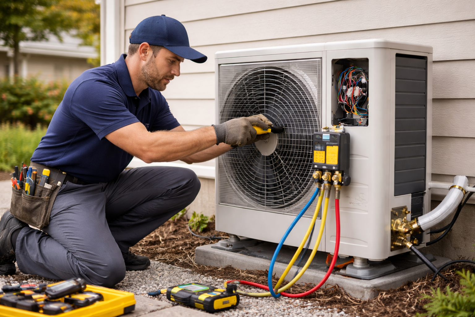 Image of Technician installing a heat pump