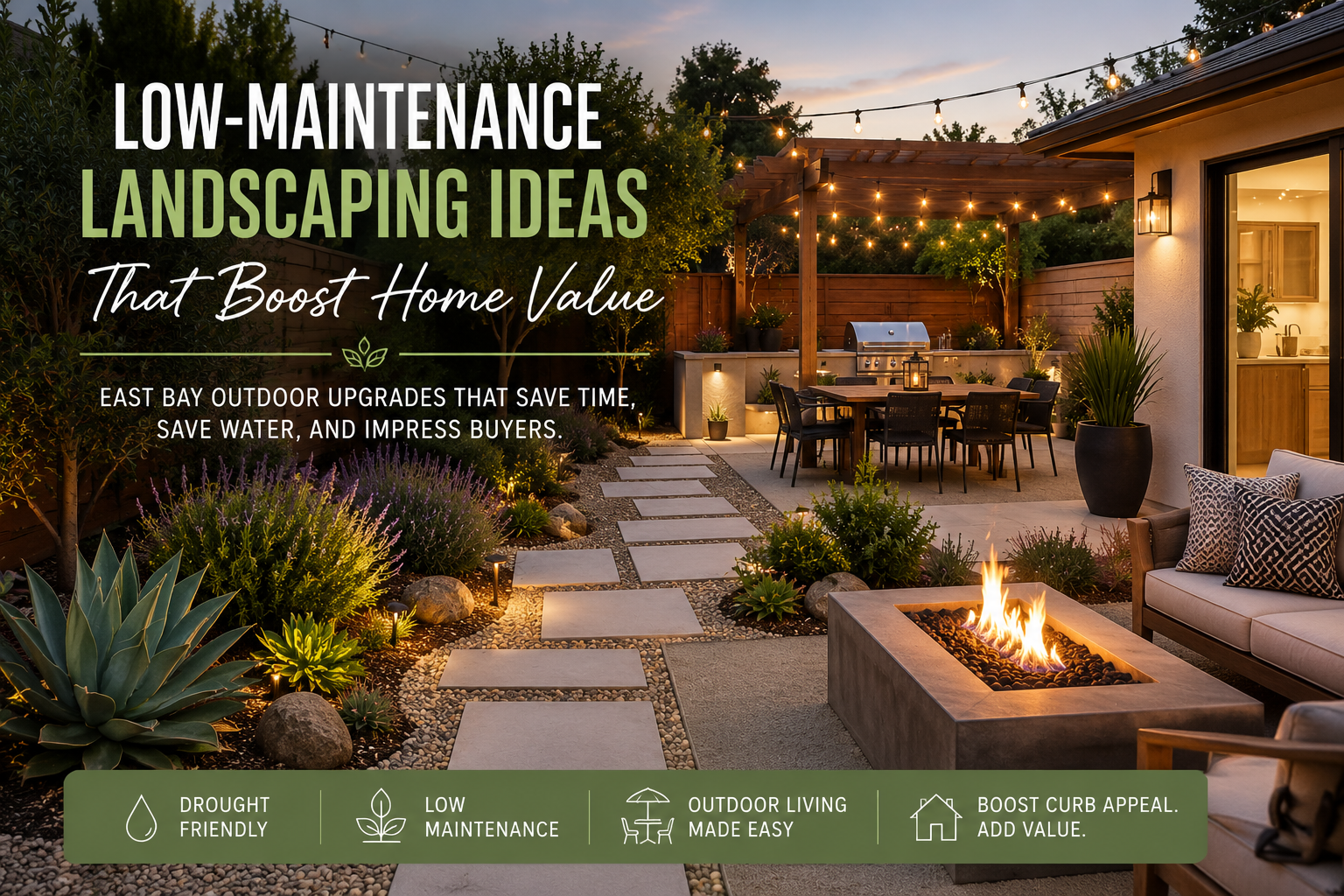 Image of a twilight photo of a modern East Bay home with drought-tolerant landscaping and a welcoming outdoor living space