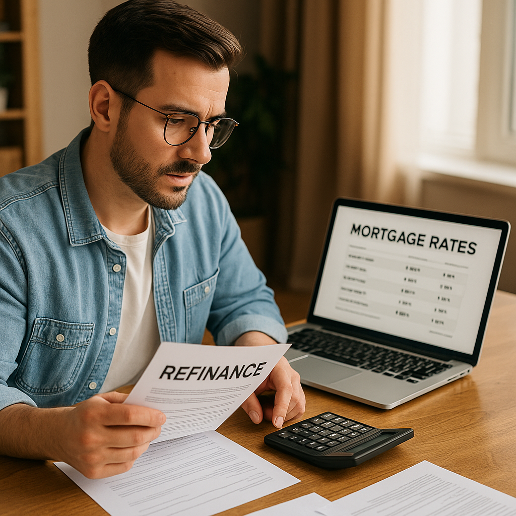 Homeowner reviewing mortgage documents on a laptop with calculator