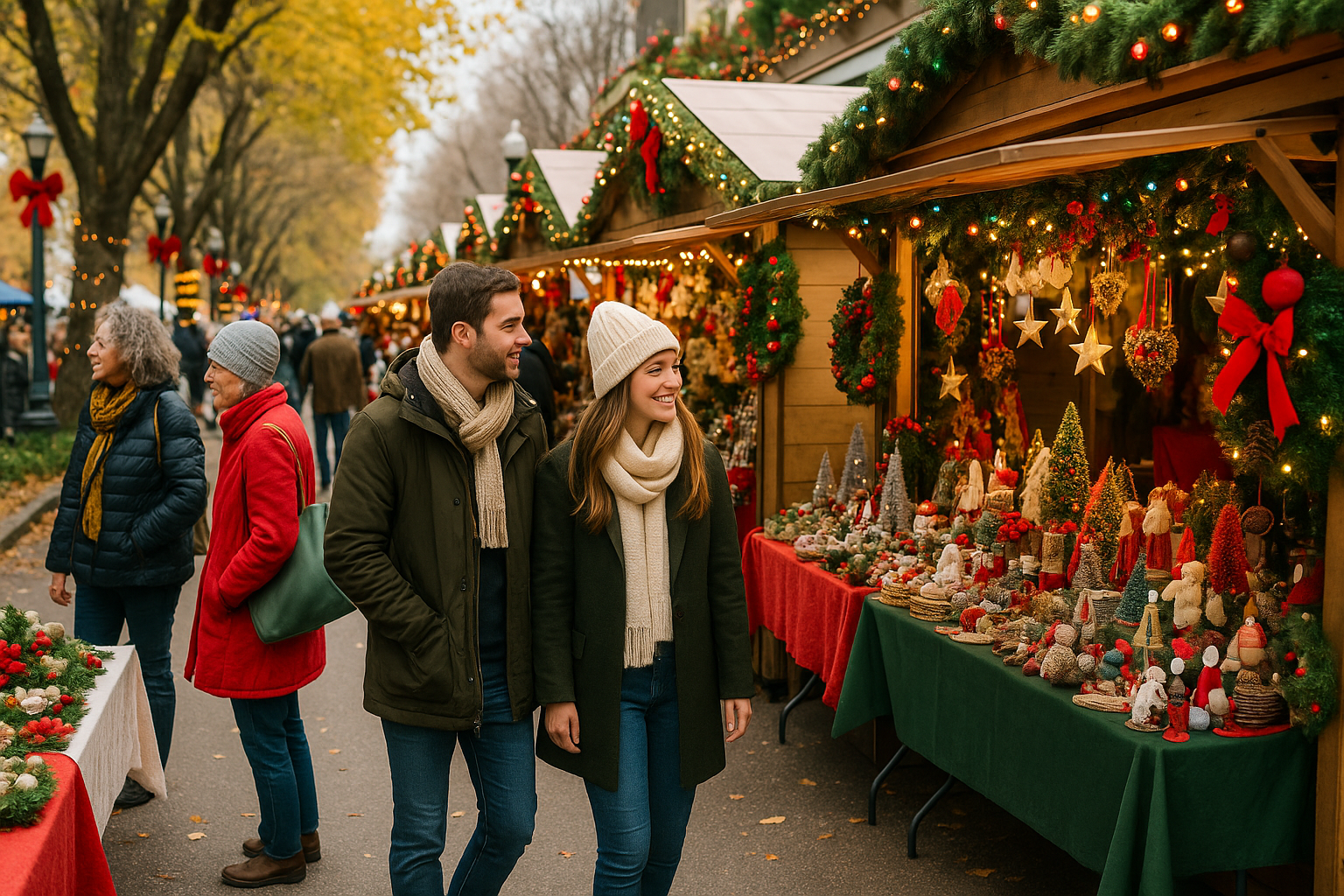 Couple strolling through outdoor holiday booths