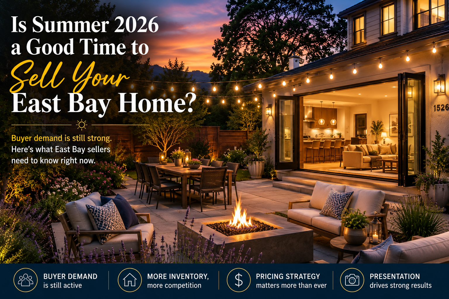 Image a twilight backyard entertaining scene with a modern East Bay home, string lights, fire pit, and open indoor-outdoor living