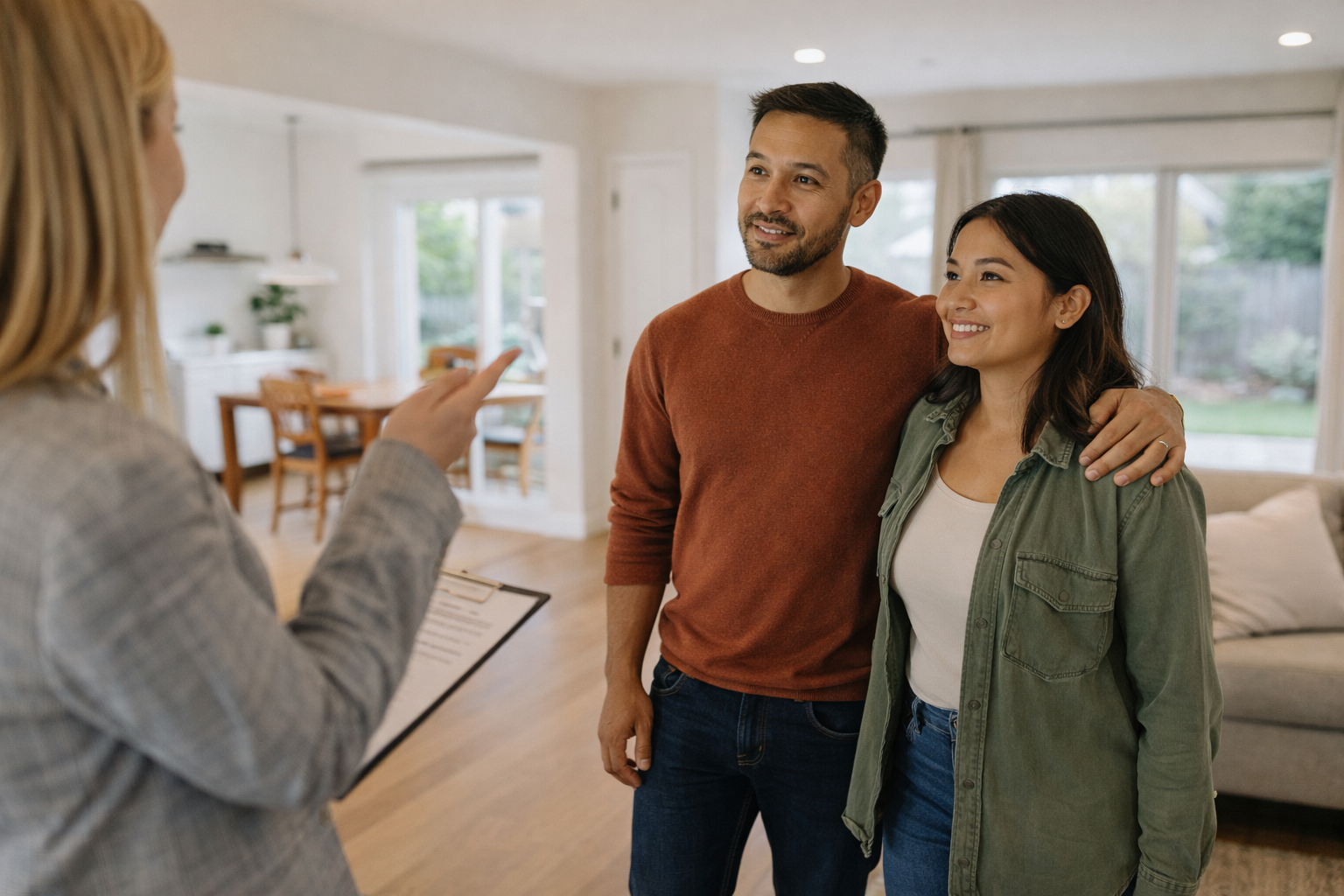 Young couple talking to Realtor at open house