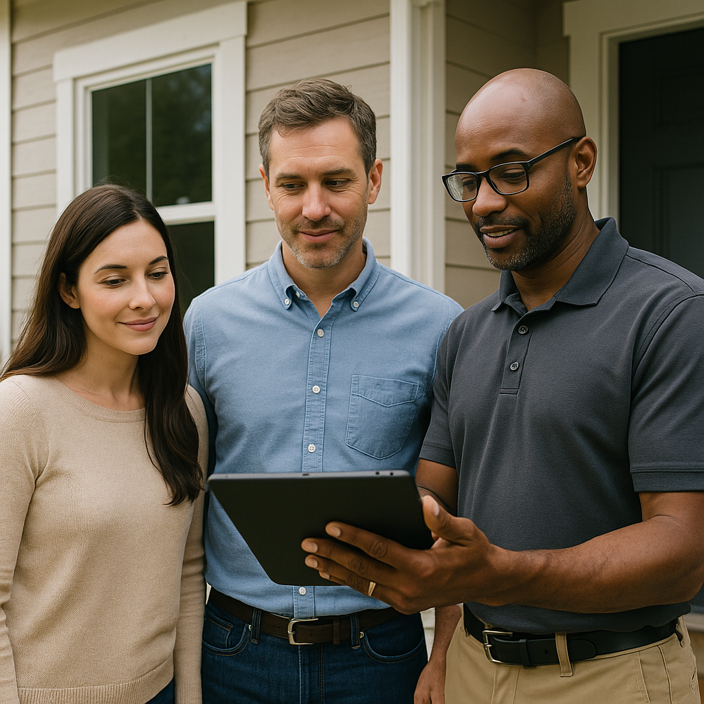 Couple standing beside inspector looking at iPad