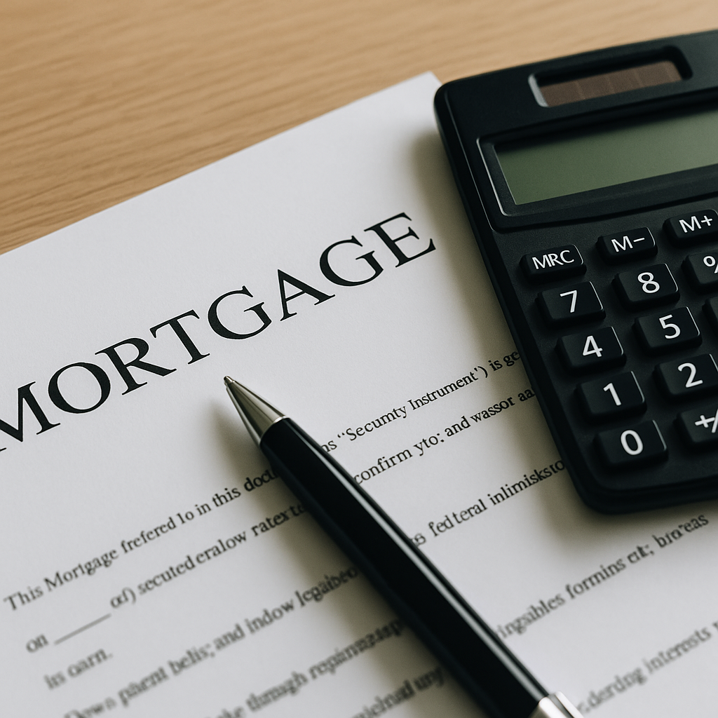 Close-up of mortgage paperwork and a calculator