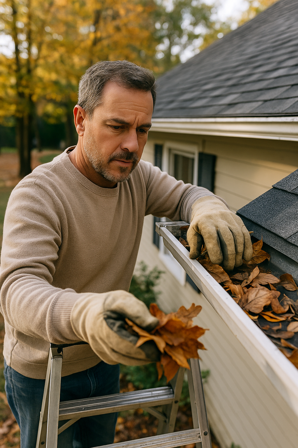 Image of homeowner cleaning gutters