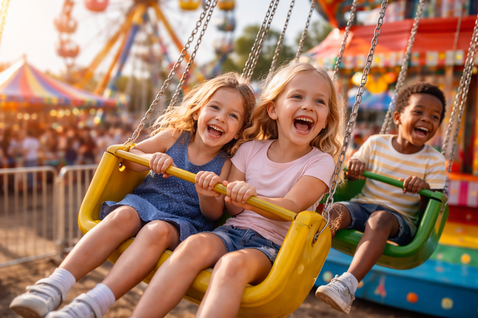 Image of Kids on carnival rides at the fair