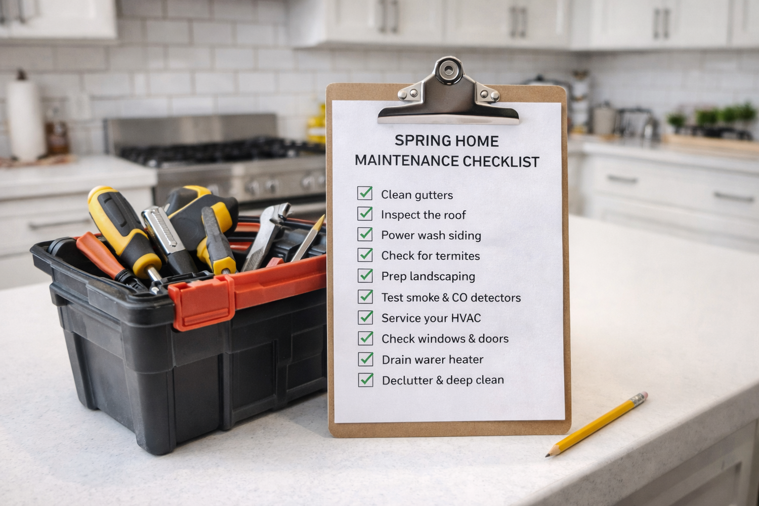 Image of Toolbox and spring checklist on kitchen counter