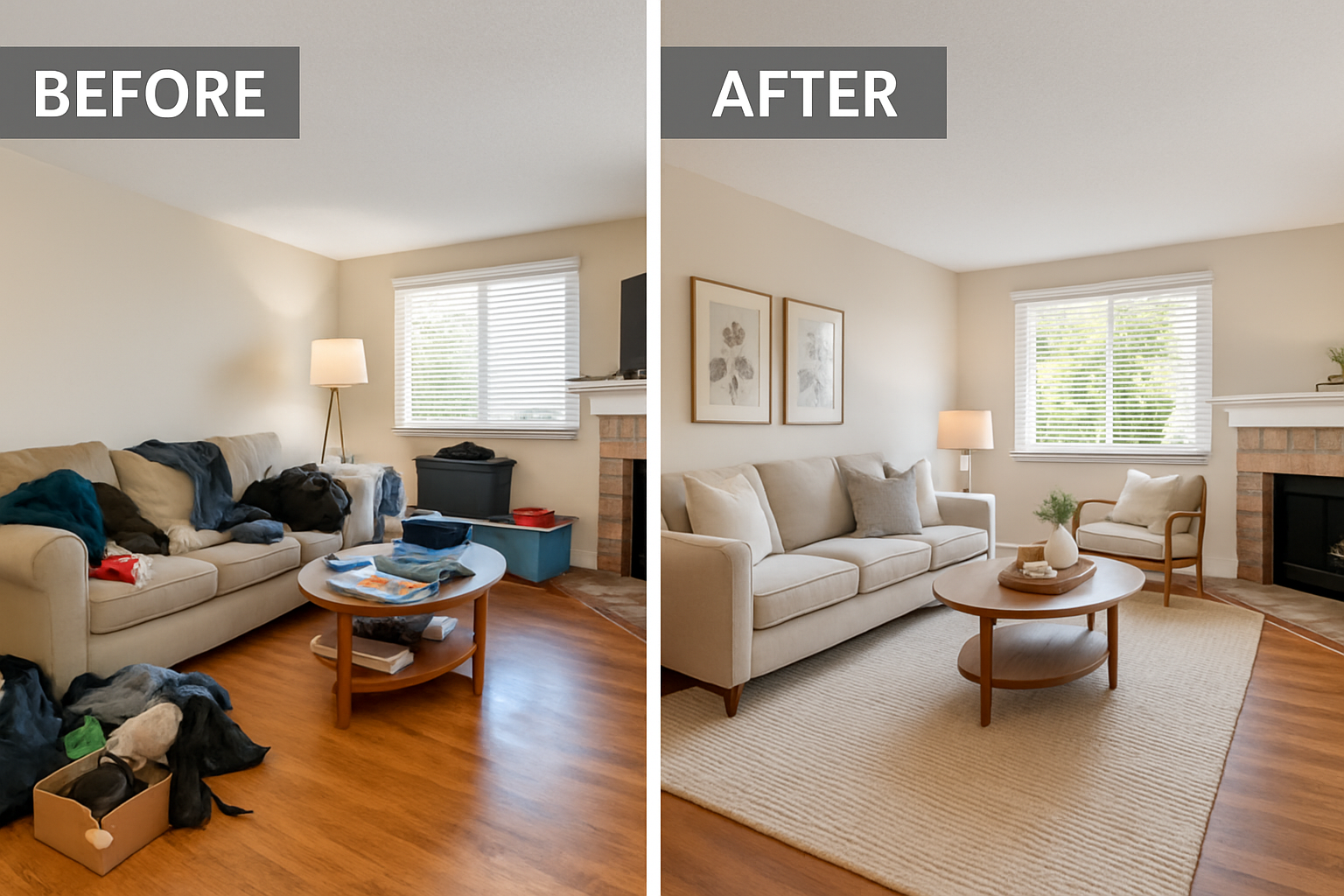 Before-and-after living room photos (cluttered vs staged)