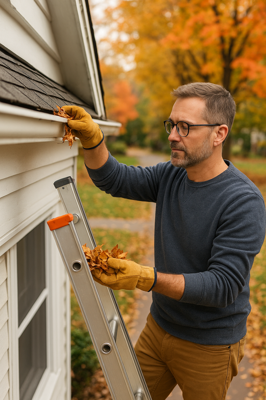 image of Homeowner clearing leaves from a gutter