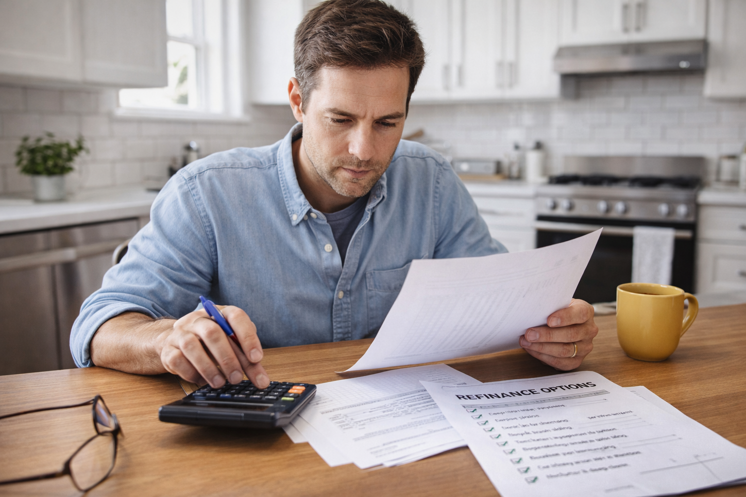 Image of Homeowner reviewing paperwork and calculator at the kitchen table