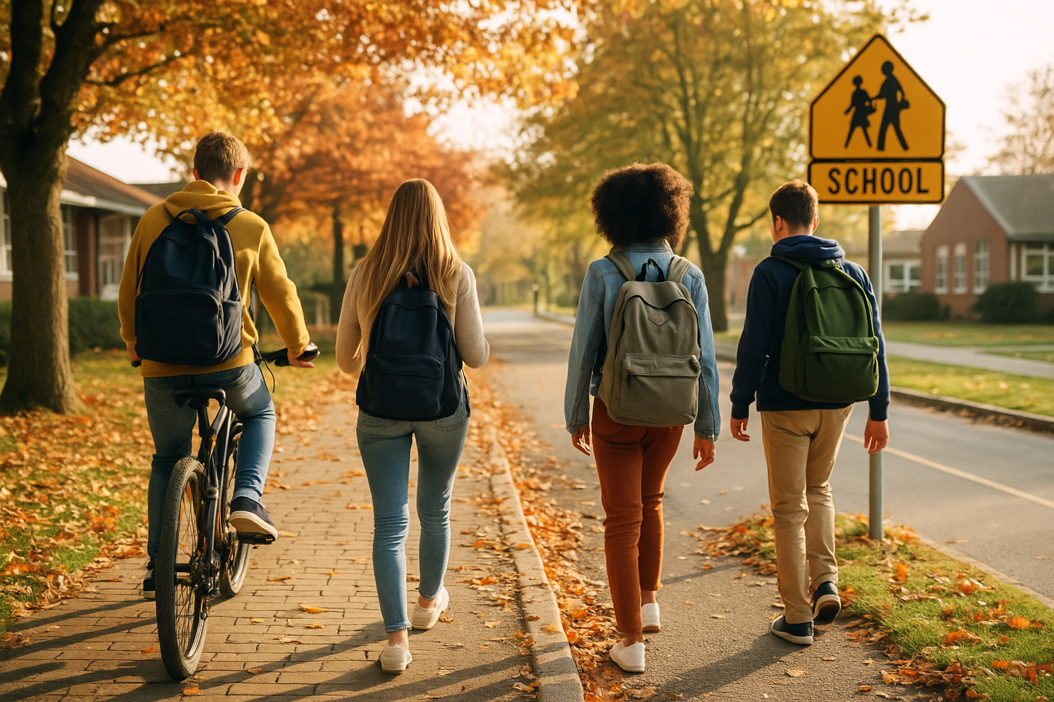 Image of students walking or biking to school with backpacks