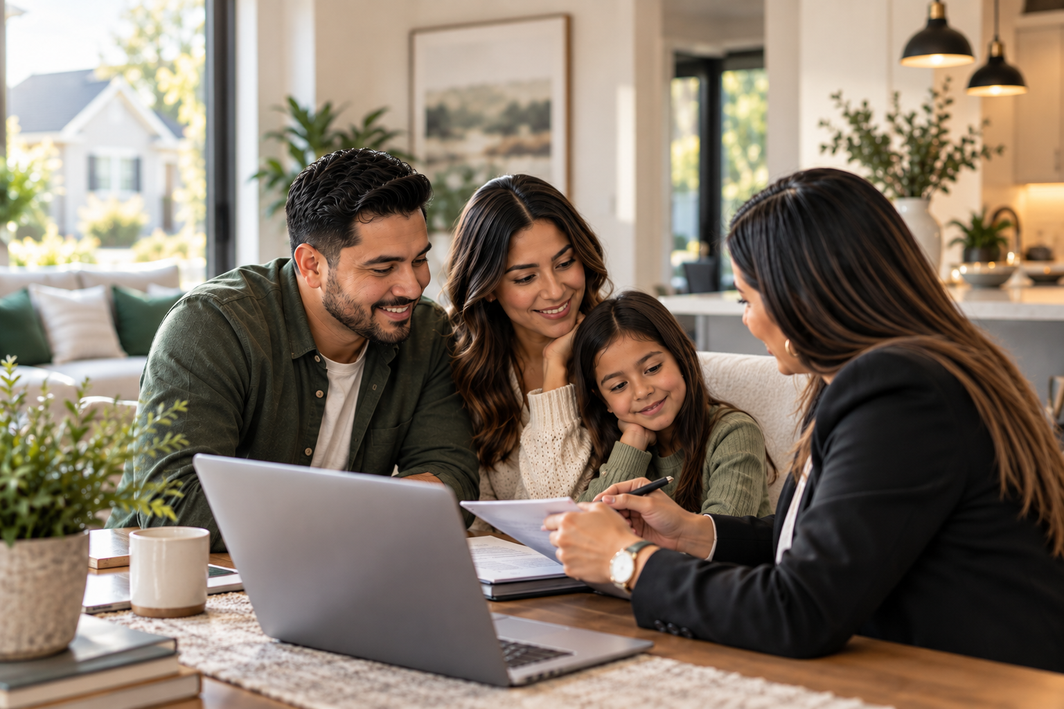 Latino family meeting with a real estate professional to discuss mortgage rates, financing options, and their homebuying goals for 2026