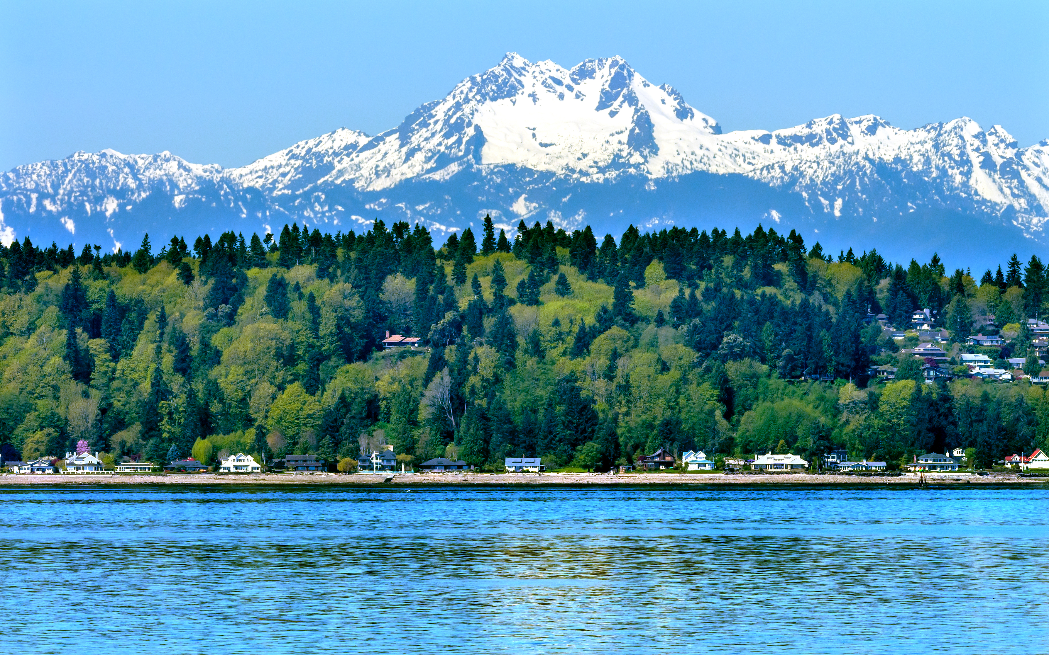 Scenic Bainbridge Island waterfront in Kitsap County Washington with mountains in the background