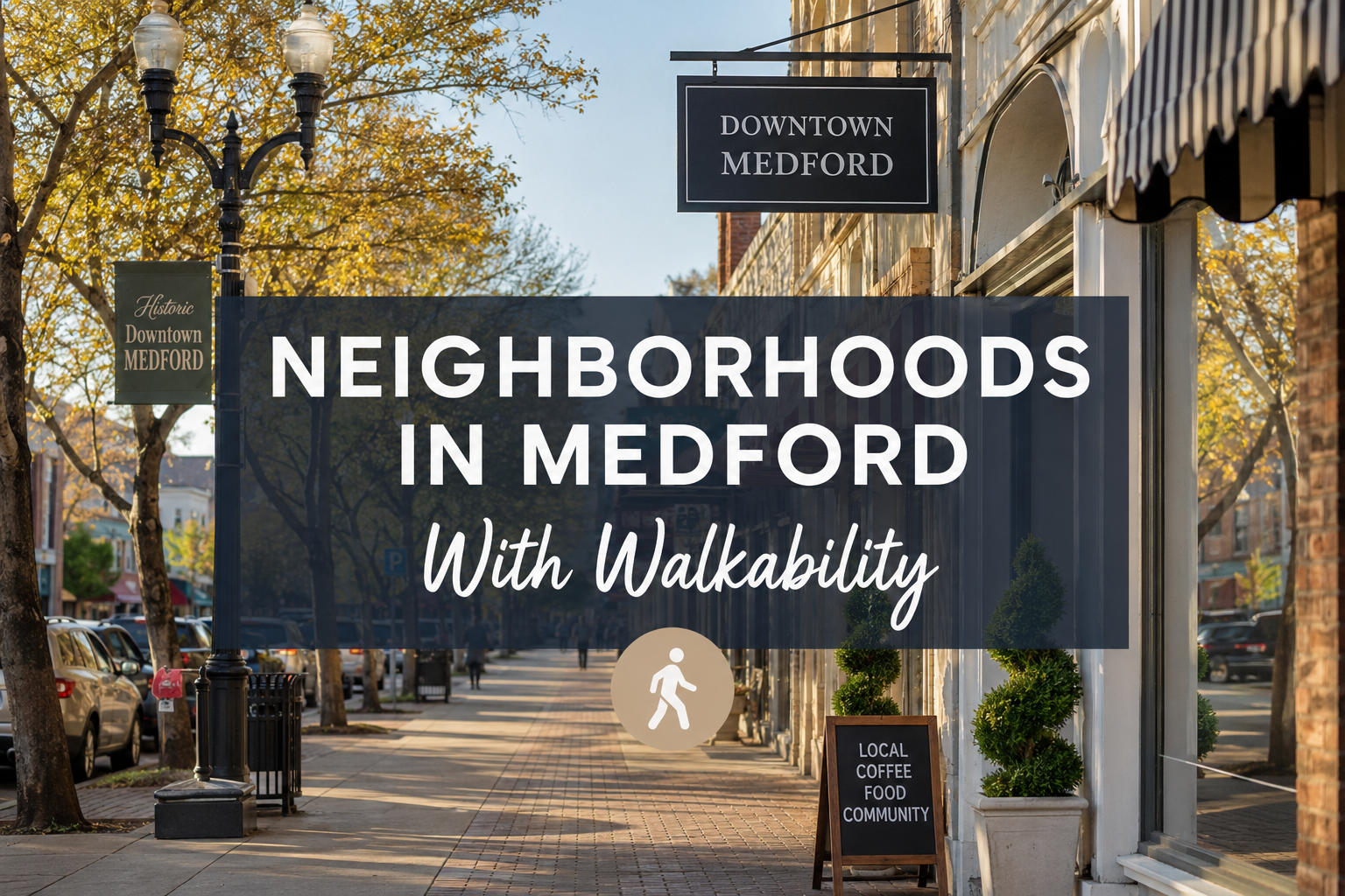 Downtown Medford with text overlay 