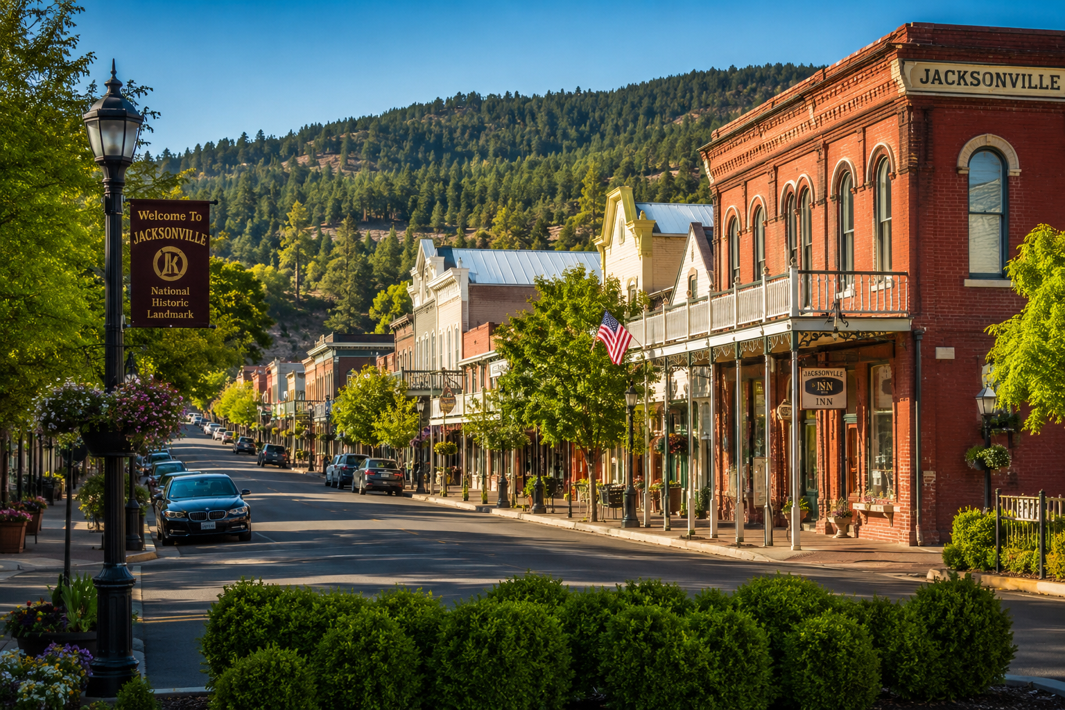 Downtown Jacksonville, OR with mountain views