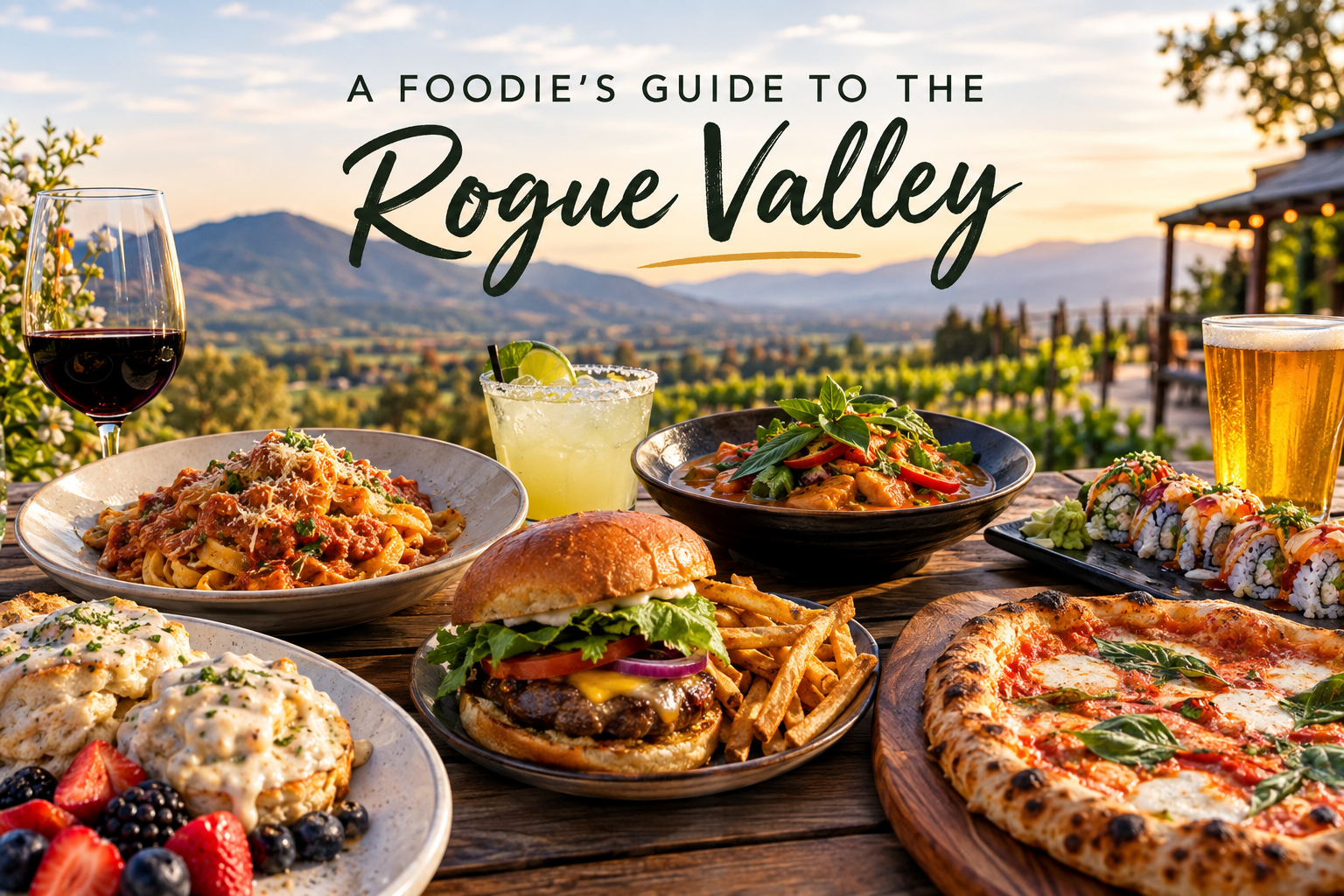 Rogue valley mountainous background with a variety of food and drinks