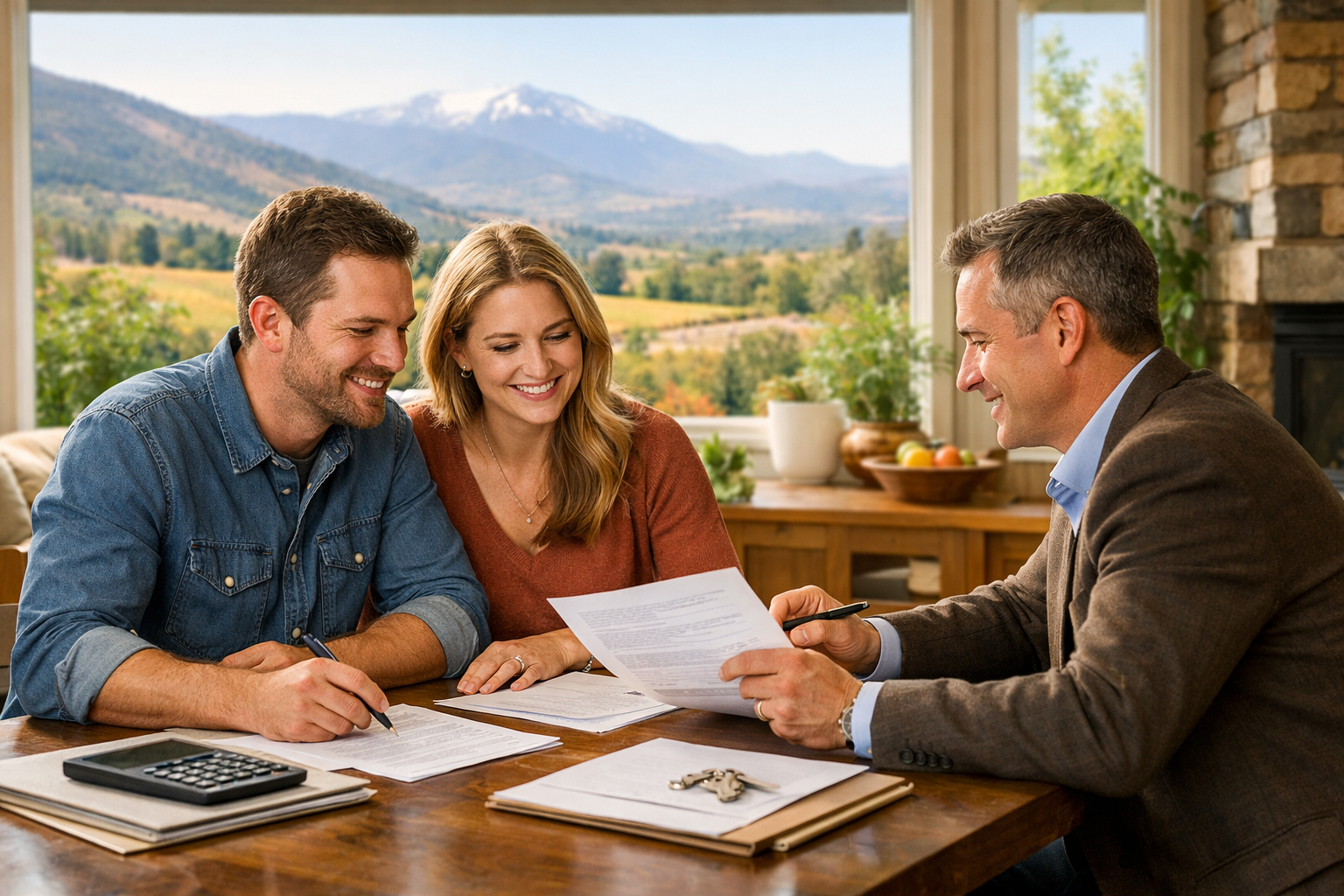 Couple reviewing home-buying costs with a real estate agent in Medford, Oregon
