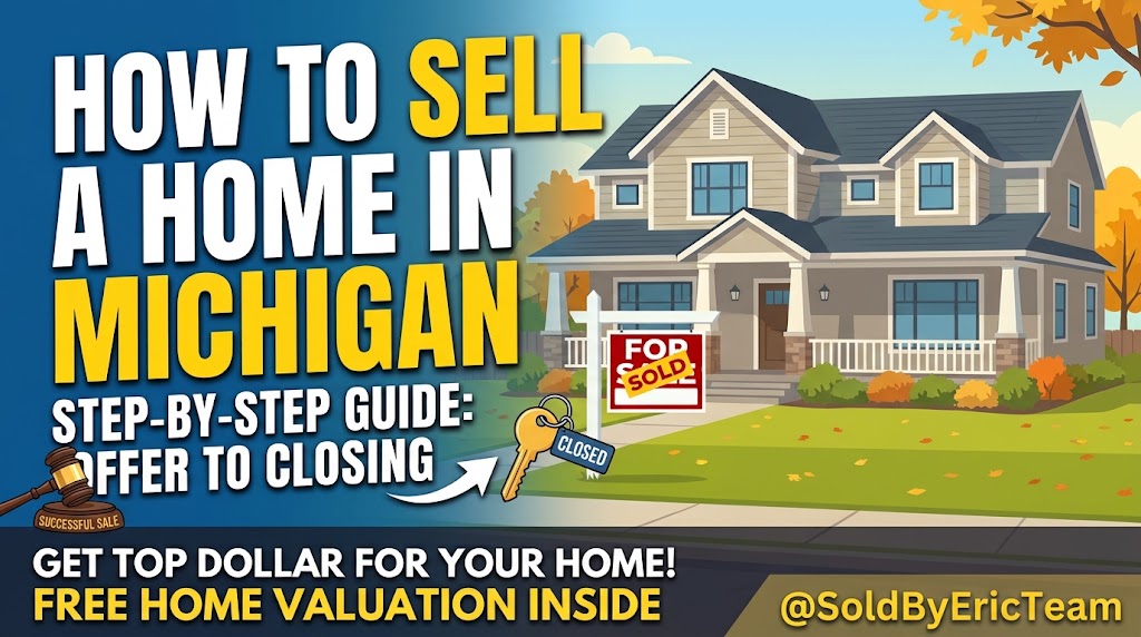 Step-by-step Michigan home selling guide banner featuring @SoldByEricTeam real estate branding and home valuation CTA.