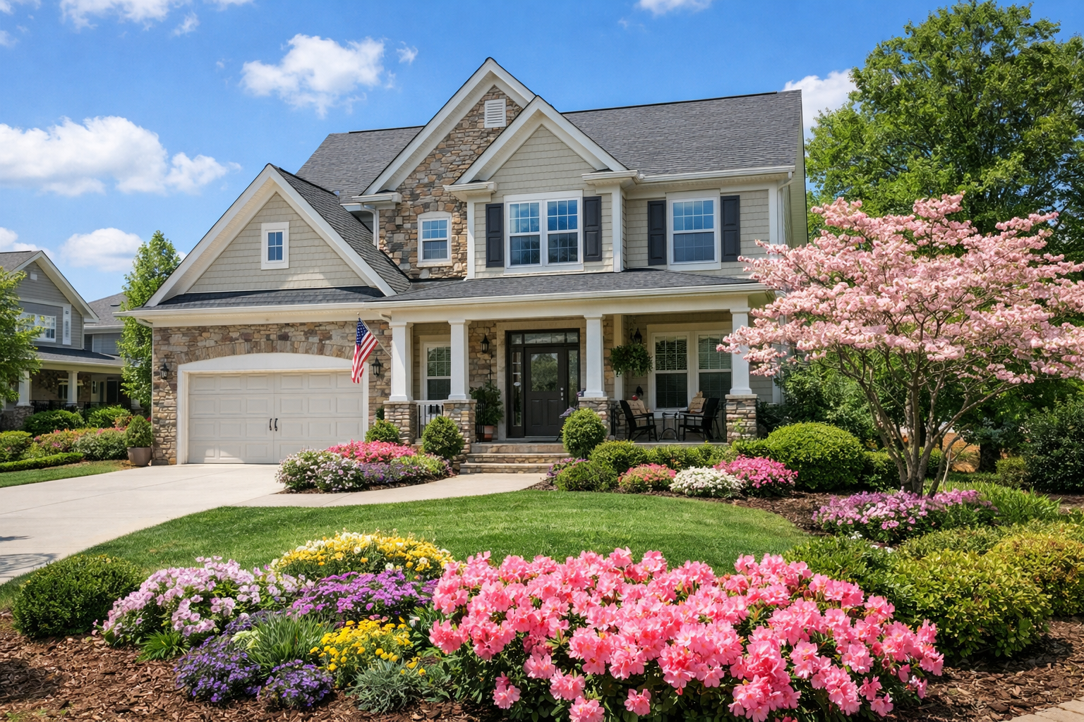 Spring home exterior with landscaping in Concord NC neighborhood
