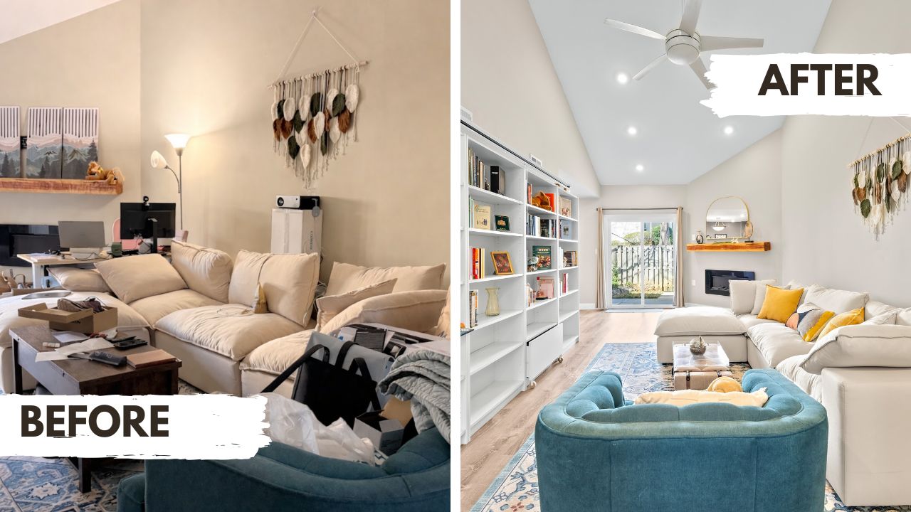 Before and after living room renovation showing a cluttered space transformed into a bright, staged living room with built-in bookshelves, vaulted ceilings, modern lighting, and neutral decor.