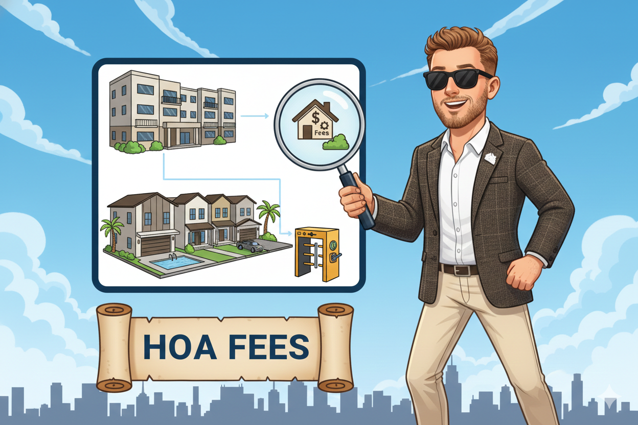 Scott Bryant using a magnifying glass over a home with an “HOA Fees” sign, representing the costs, rules, and value of HOA communities in the Phoenix housing market.