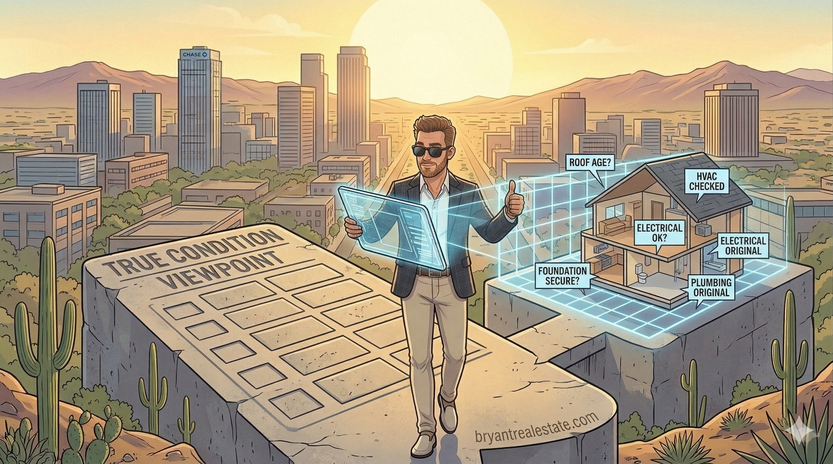 A wide-angle cartoon illustration of Scott Bryant, wearing sunglasses and a blazer, standing on a large concrete platform carved into a checklist grid labeled 
