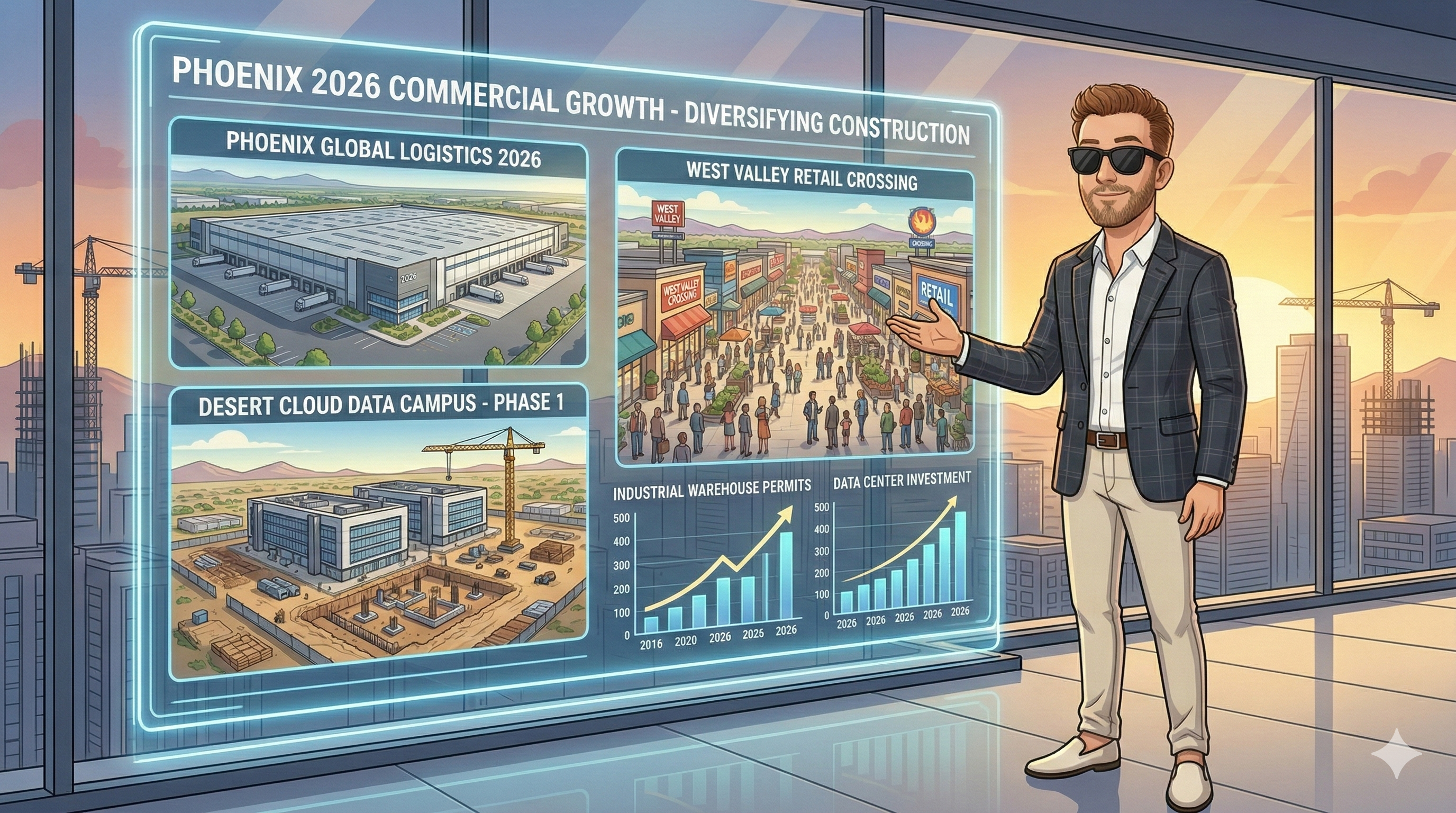 A professional cartoon illustration of real estate expert Scott Bryant standing before a high-tech glass display showing Phoenix 2026 commercial growth. The scene features a modern industrial warehouse, a bustling retail center, and a data center under construction, representing the diversifying Phoenix construction market.