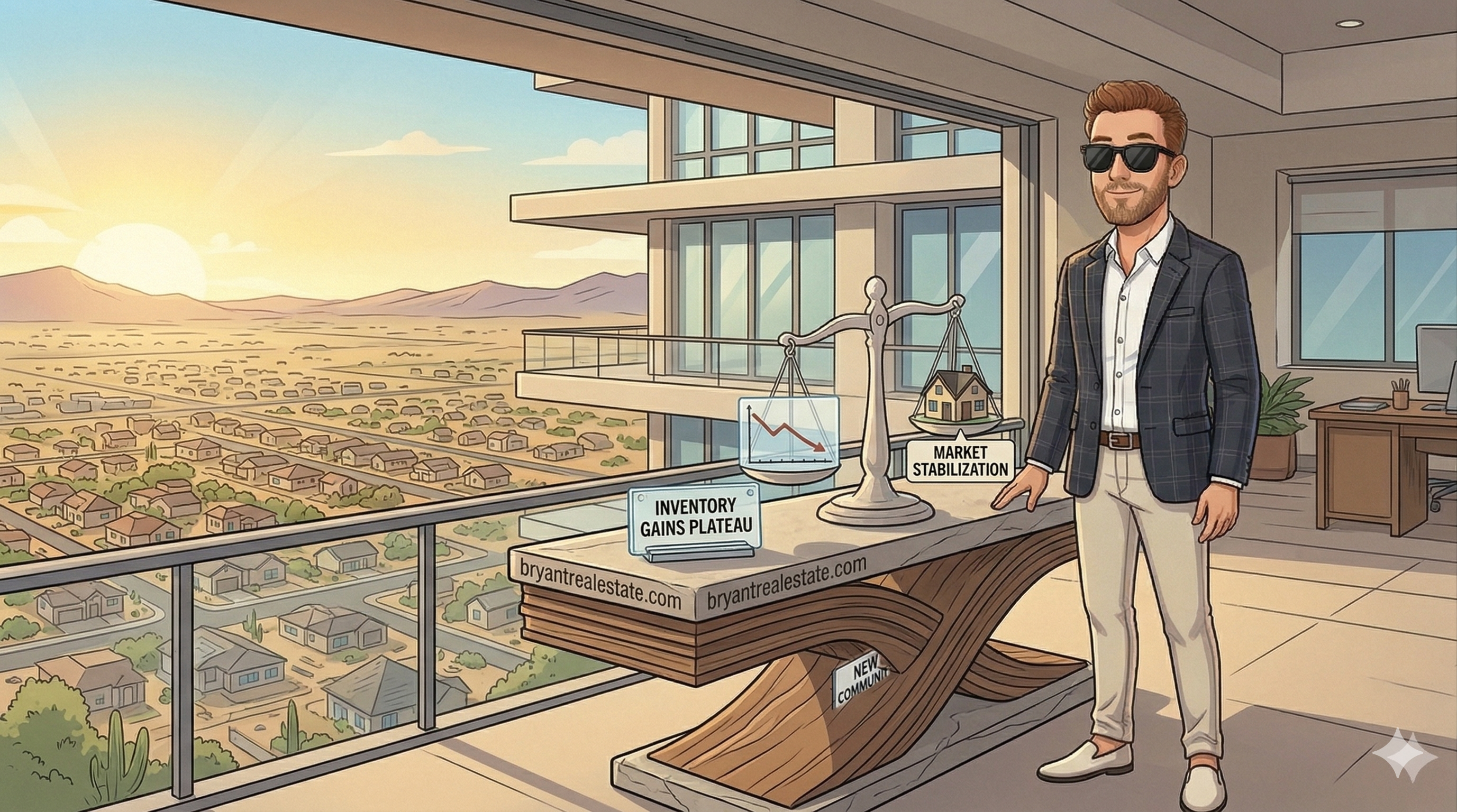 A cartoon illustration of Scott Bryant in a stylish blazer and sunglasses, standing on a modern balcony overlooking a vast Phoenix neighborhood at sunset. Next to him on a contemporary wooden table is a classic balance scale; one side holds a small model house labeled 