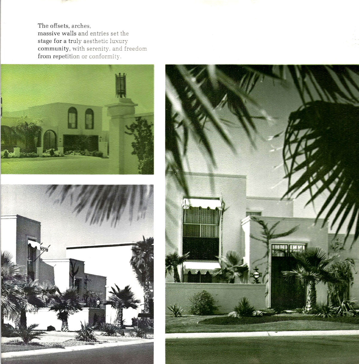 Vintage photograph of original Dell Trailor homes in Hillcrest Moon Valley featuring mid-century modern architecture and desert landscaping