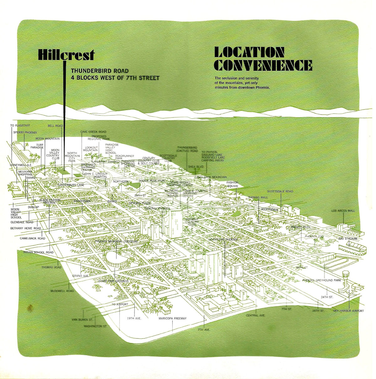 Map showing Hillcrest neighborhood boundaries within Moon Valley with nearby amenities including Moon Valley Country Club and major roads