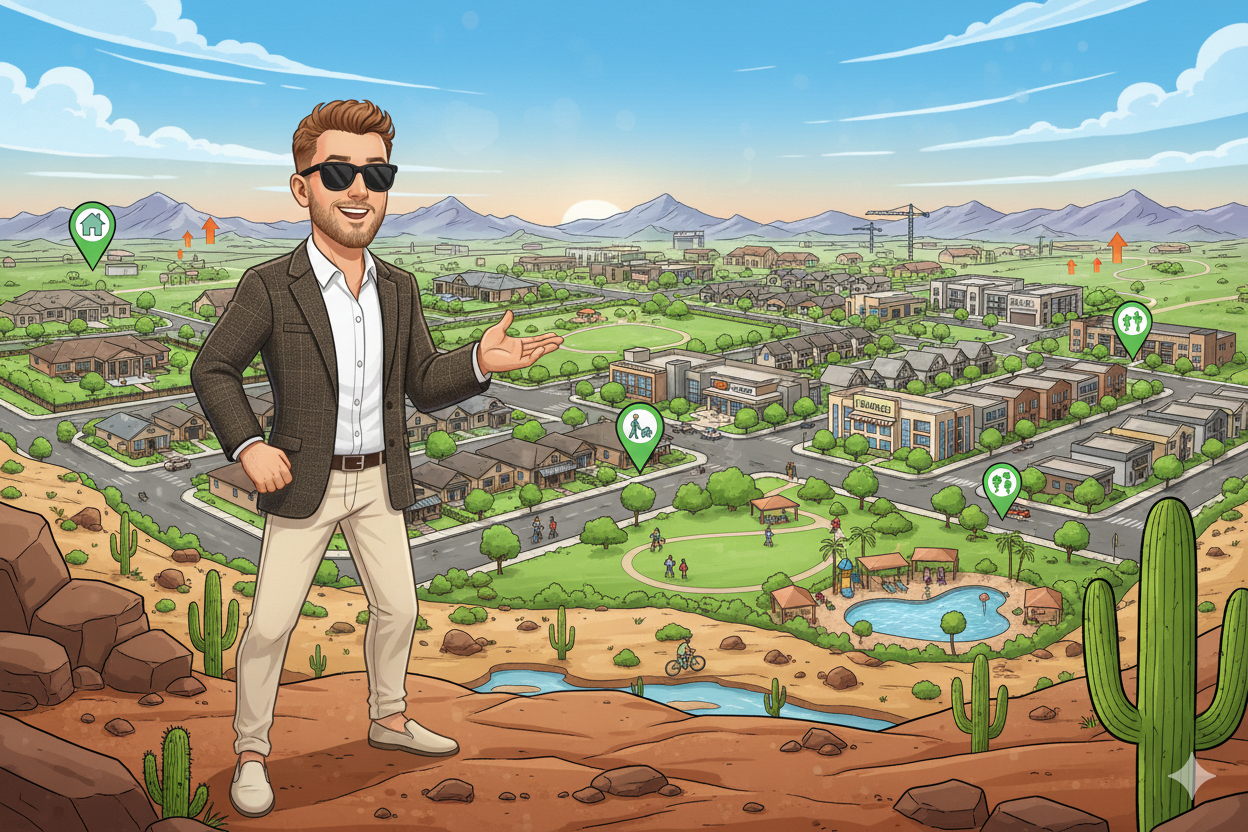 Scott Bryant overlooking the future Rio 1900 master-planned community in Goodyear, Arizona, with estate homes, single-family neighborhoods, townhomes, multifamily buildings, parks, and mixed-use development visible, highlighting West Valley real estate growth and lifestyle amenities.