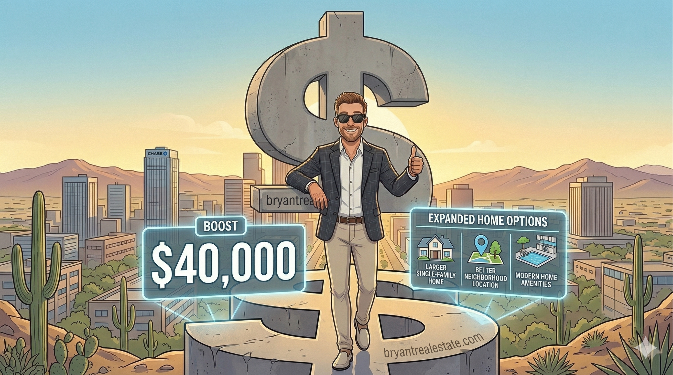 A detailed cartoon illustration of a confident, solo Scott Bryant, in sunglasses and a checkered blazer, standing on a large concrete dollar sign plinth at the edge of a sunlit Phoenix desert viewpoint. He is making an upward 