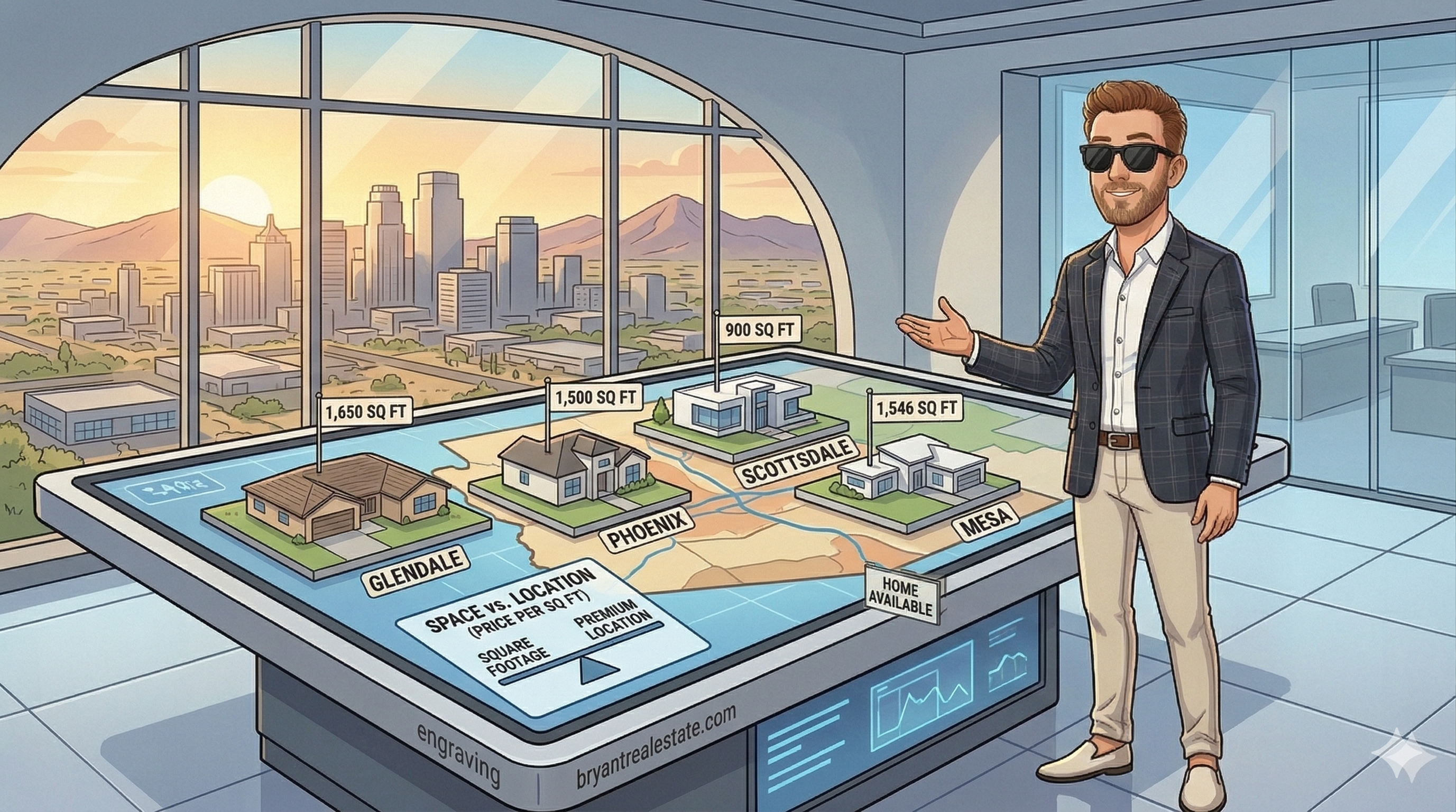 A detailed cartoon illustration of Scott Bryant, in a blazer and sunglasses, interacting with a futuristic, map-based value comparison table in a modern Arizona office. The table features scale models of houses labeled with different square footages and city names (Glendale 1650 SQ FT, Phoenix 1500 SQ FT, Scottsdale 900 SQ FT, and Mesa 1546 SQ FT). An integrated chart graphic compares 
