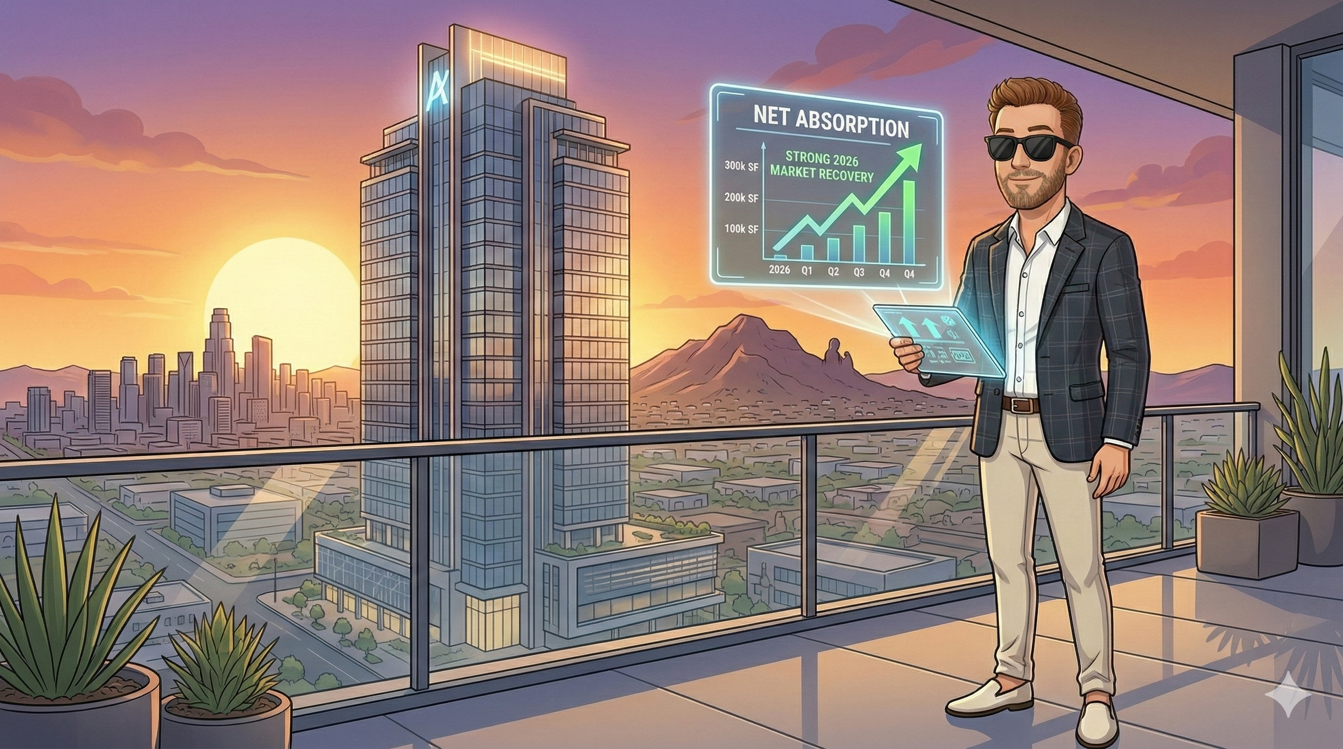  Real estate expert Scott Bryant standing on a modern balcony overlooking the Phoenix Camelback Corridor. He is holding a digital display showing a sharp upward trend line for 'Net Absorption,' with a sleek Class A office building and the Phoenix skyline in the background, symbolizing the 2026 office market recovery.