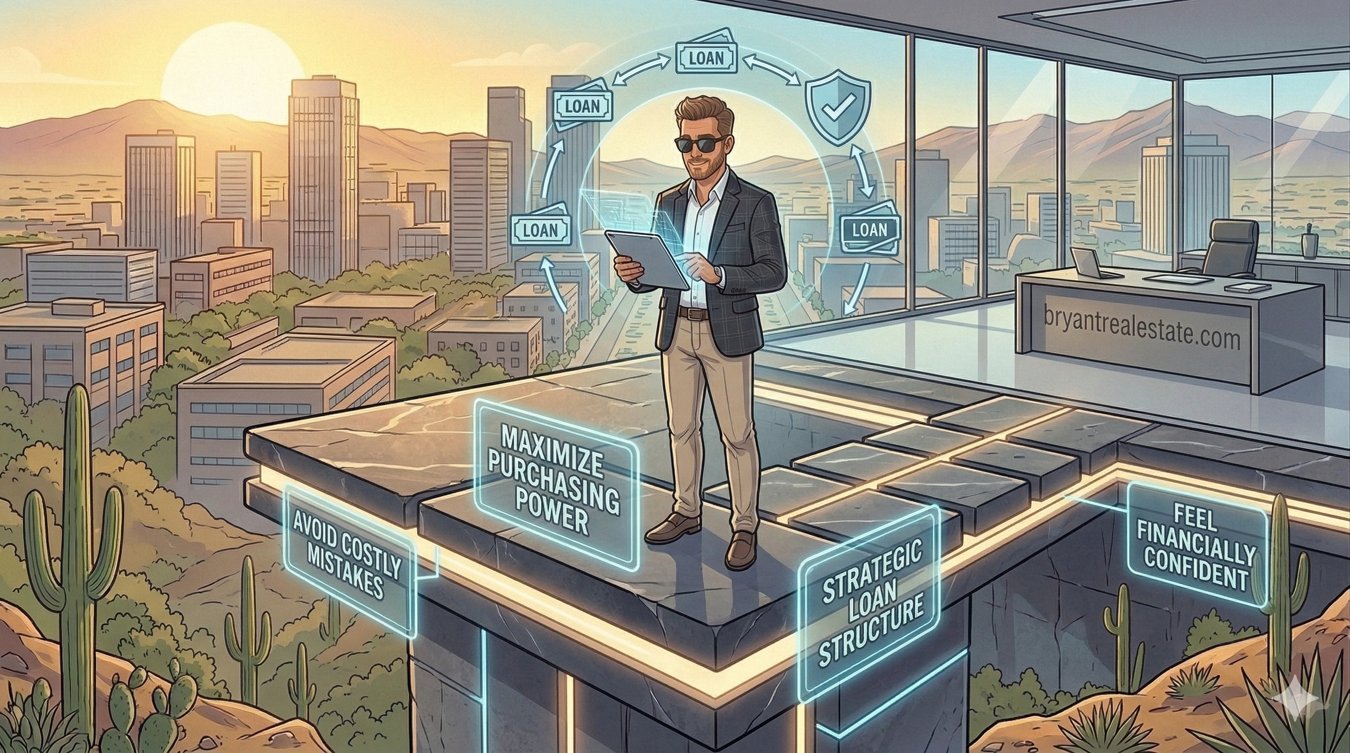 A detailed cartoon illustration of a confident Scott Bryant, wearing sunglasses and a blazer suit, holding a digital tablet with holographic loan path icons floating in an arch. He is standing on a high-altitude dark stone observation platform. Holographic, glowing blue placards surrounding the platform are labeled 'MAXIMIZE PURCHASING POWER,' 'STRATEGIC LOAN STRUCTURE,' 'AVOID COSTLY MISTAKES,' and 'FEEL FINANCIALLY CONFIDENT.' The platform is integrated into a modern Arizona office with a large floor-to-ceiling window overlooking a bustling Phoenix skyline under a warm, golden hour sun, with Saguaro cacti in the distance. The website 'bryantrealestate.com' is engraved on a nearby desk. The composition is clean, centered on Scott, and forward-looking.