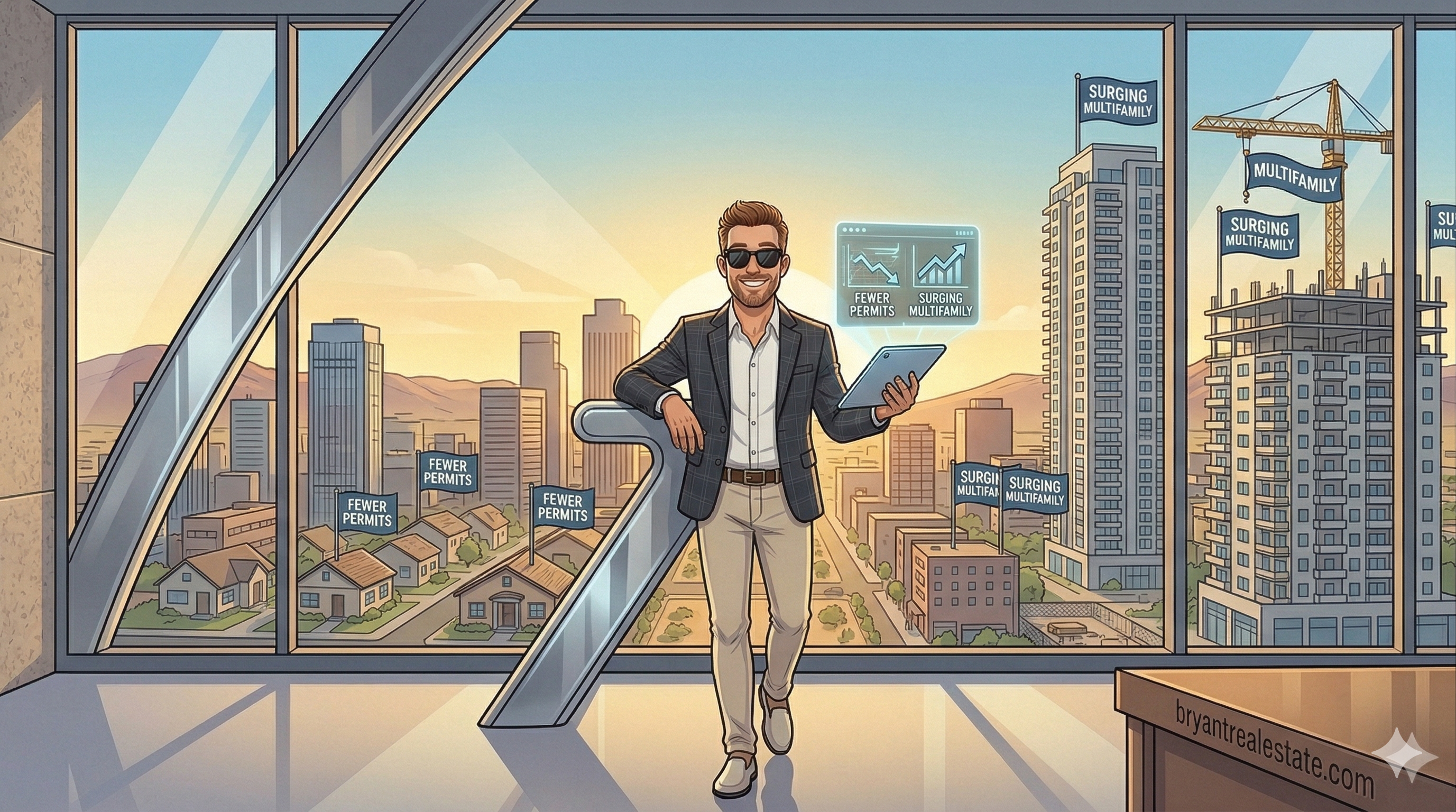 A cartoon illustration of Scott Bryant in sunglasses and a blazer suit, standing in a modern office with large windows. He holds a tablet with a holographic chart showing a decline in permits and a surge in multifamily development. Outside, a comparison is shown: a neighborhood of single-family homes with 