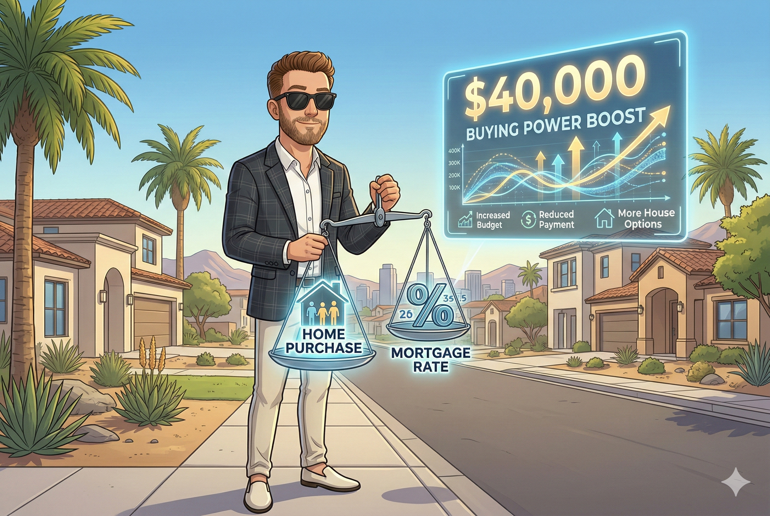 Cartoon illustration of real estate expert Scott Bryant standing confidently in a sunny Phoenix neighborhood. He is holding a digital scale that is tipped in favor of a 