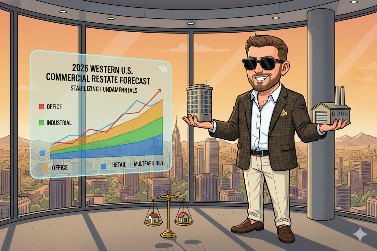 Illustration of Scott Bryant holding a house in one hand and a commercial building in the other, standing beside a chart showing the 2026 Western U.S. commercial real estate forecast across office, industrial, retail, and multifamily sectors