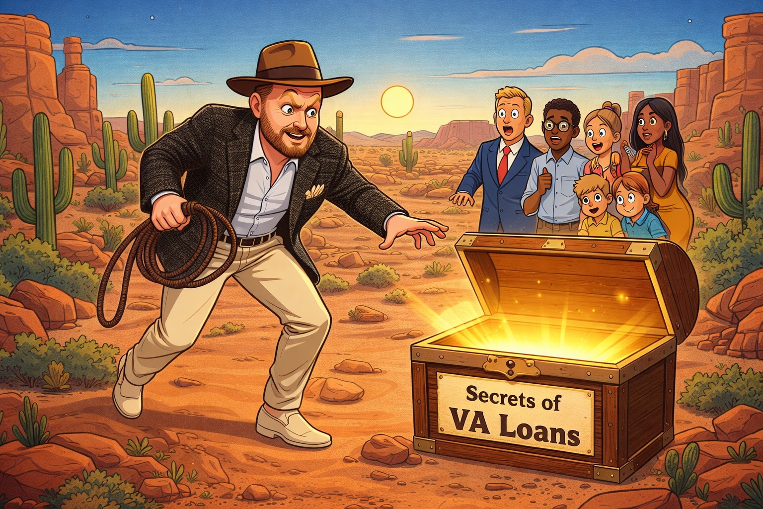 Cartoon illustration Scott Bryant realtor in the Arizona desert, with an Indiana Jones–style hat and whip, humorously sneaking toward a glowing treasure chest labeled “Secrets of VA Loans” while excited clients watch from behind.