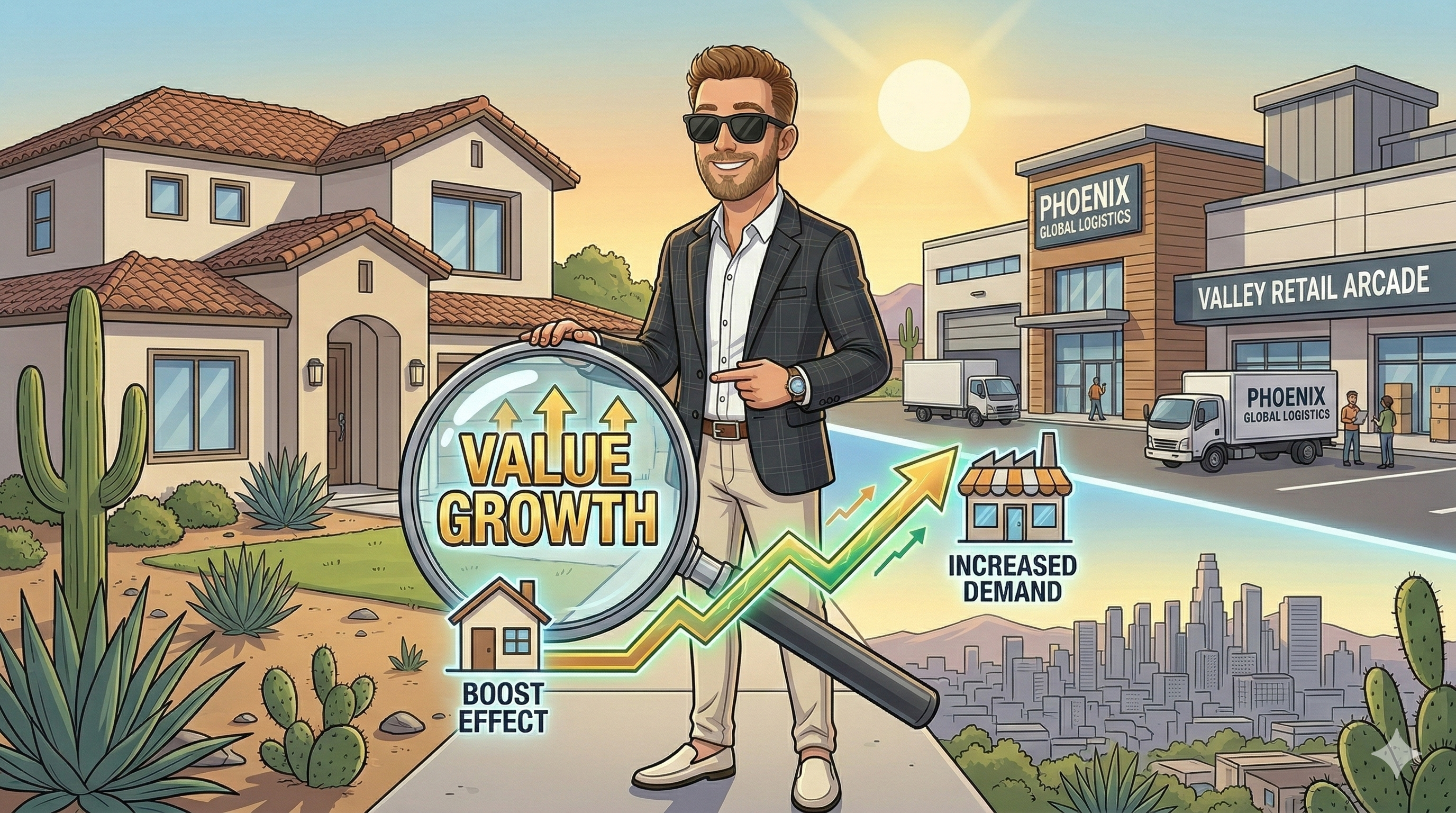 A detailed cartoon illustration of real estate expert Scott Bryant standing between a modern suburban home and a bustling retail/industrial hub. He is holding a magnifying glass that highlights 