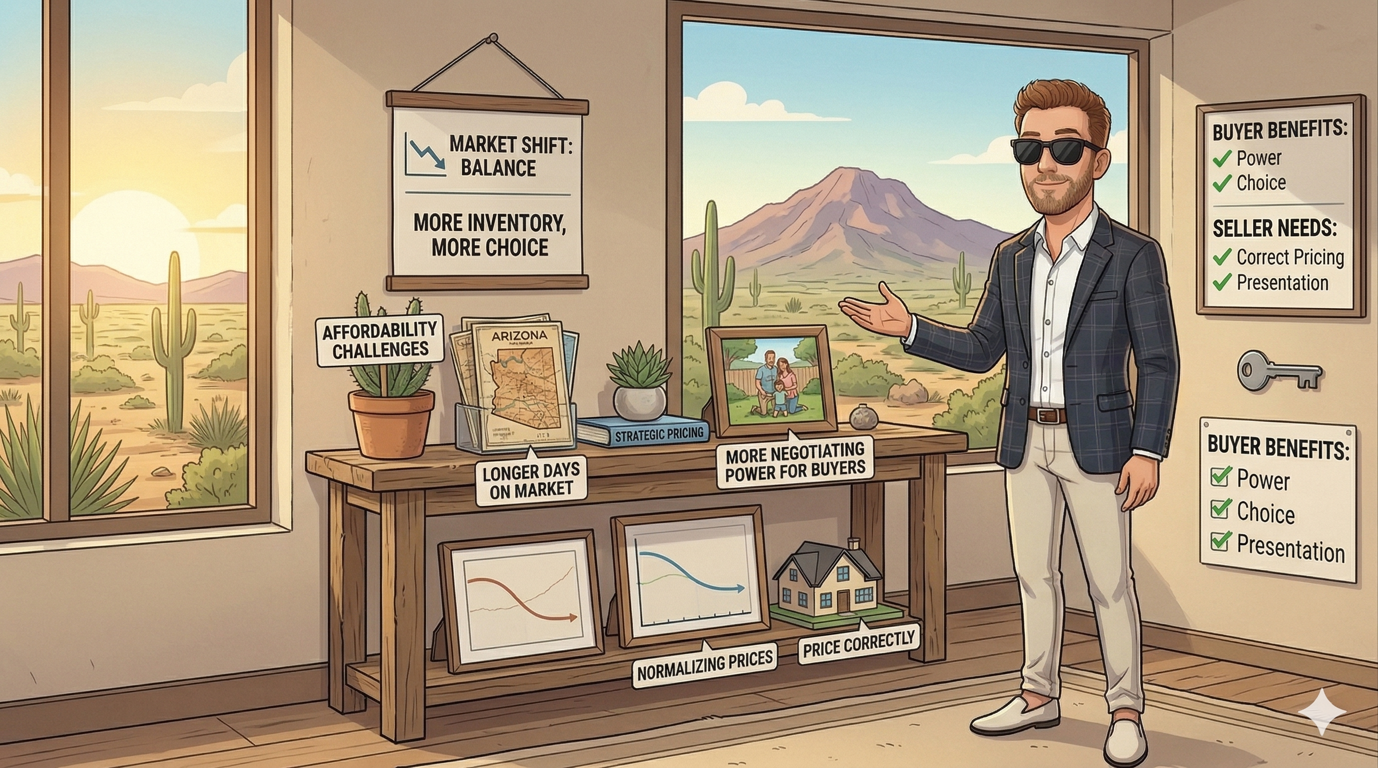 A cartoon illustration of Scott Bryant in a stylish blazer and sunglasses, standing in a bright Arizona office. He is gesturing toward a wooden console table featuring framed charts showing normalizing home price trends, a model house, and signs highlighting 