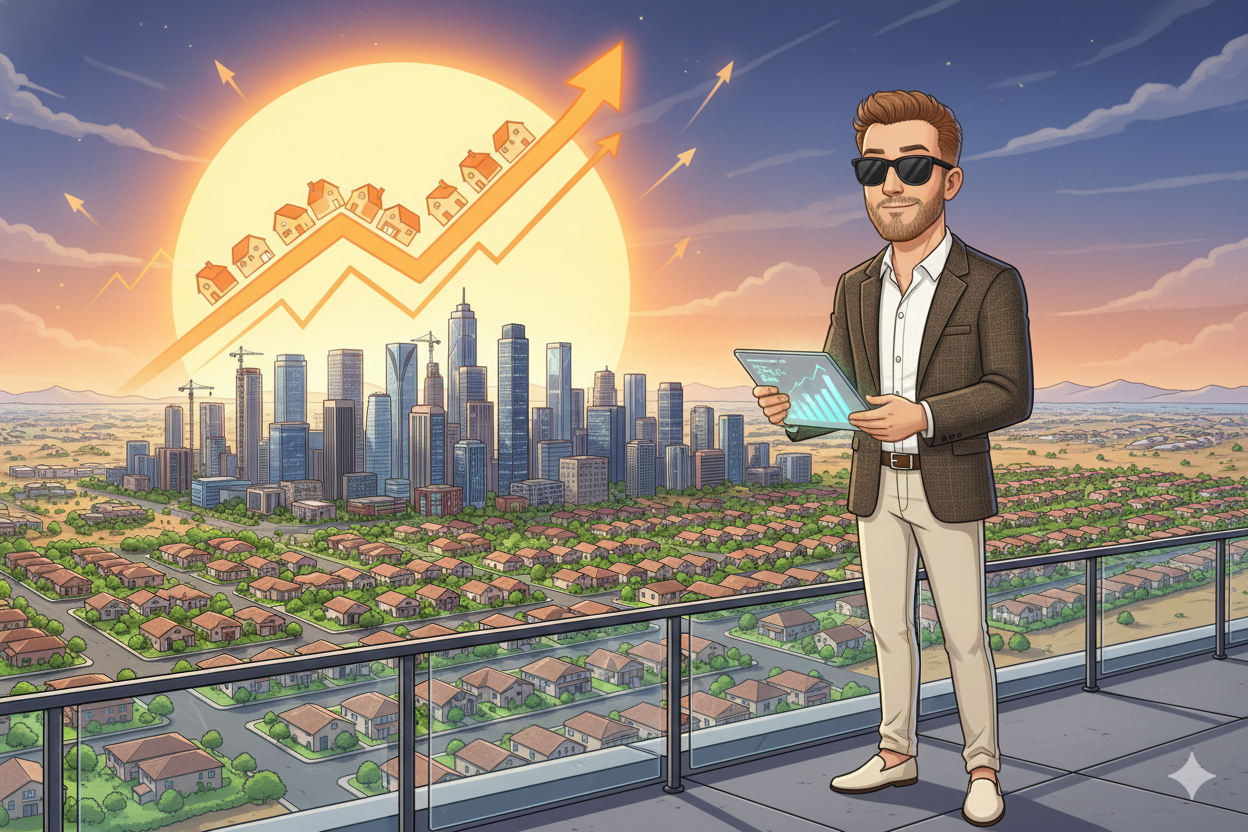 Scott Bryant standing on a modern Phoenix rooftop terrace during sunset, holding a tablet with rising real estate statistics. In the background, a glowing desert sun shaped like a market growth graph rises over the Phoenix skyline, illuminating new home construction and downtown high-rises.