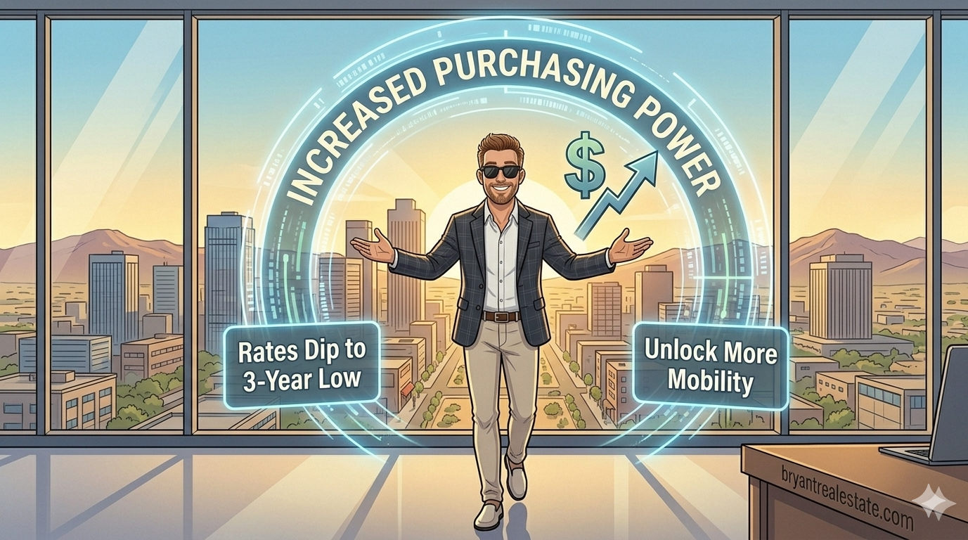 A dynamic cartoon illustration of Scott Bryant, wearing sunglasses and a blazer suit, stepping forward with his arms spread wide and a confident expression. He is positioned in front of a modern Arizona office window overlooking a sunlit Phoenix skyline and distant mountains. A glowing graphic arch with a stylized currency symbol '$$' and an upward trend arrow surrounds him, labeled 