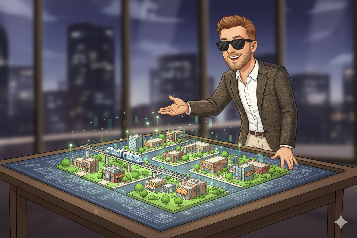 Scott Bryant reviewing a large architectural blueprint as a detailed 3D walkable Phoenix neighborhood with parks, light rail, and shops rises from the plans, symbolizing future real estate development.