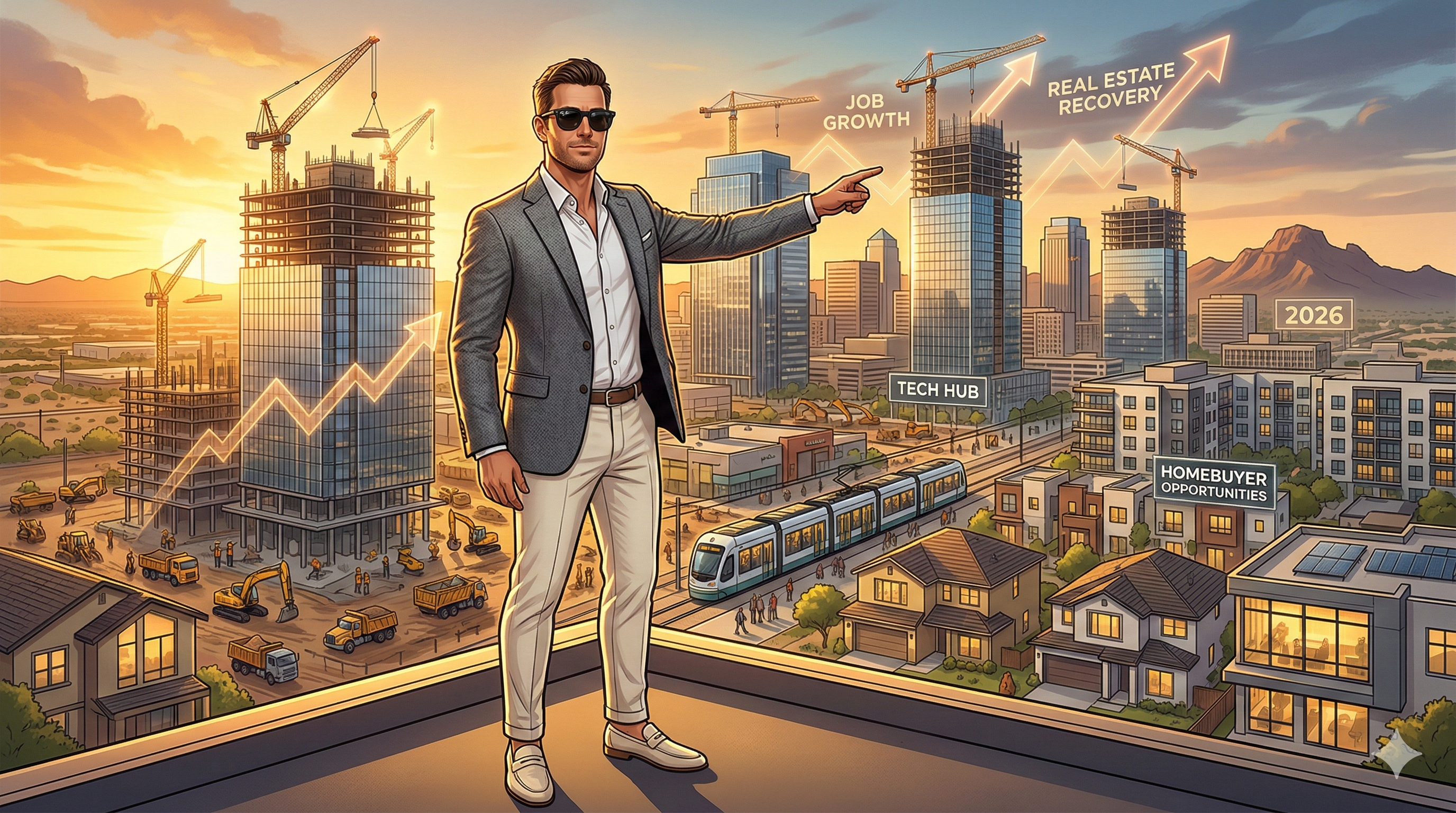 Scott Bryant standing in front of the Phoenix skyline with office towers under construction and nearby housing developments, representing the 2026 office market rebound and its impact on residential real estate.