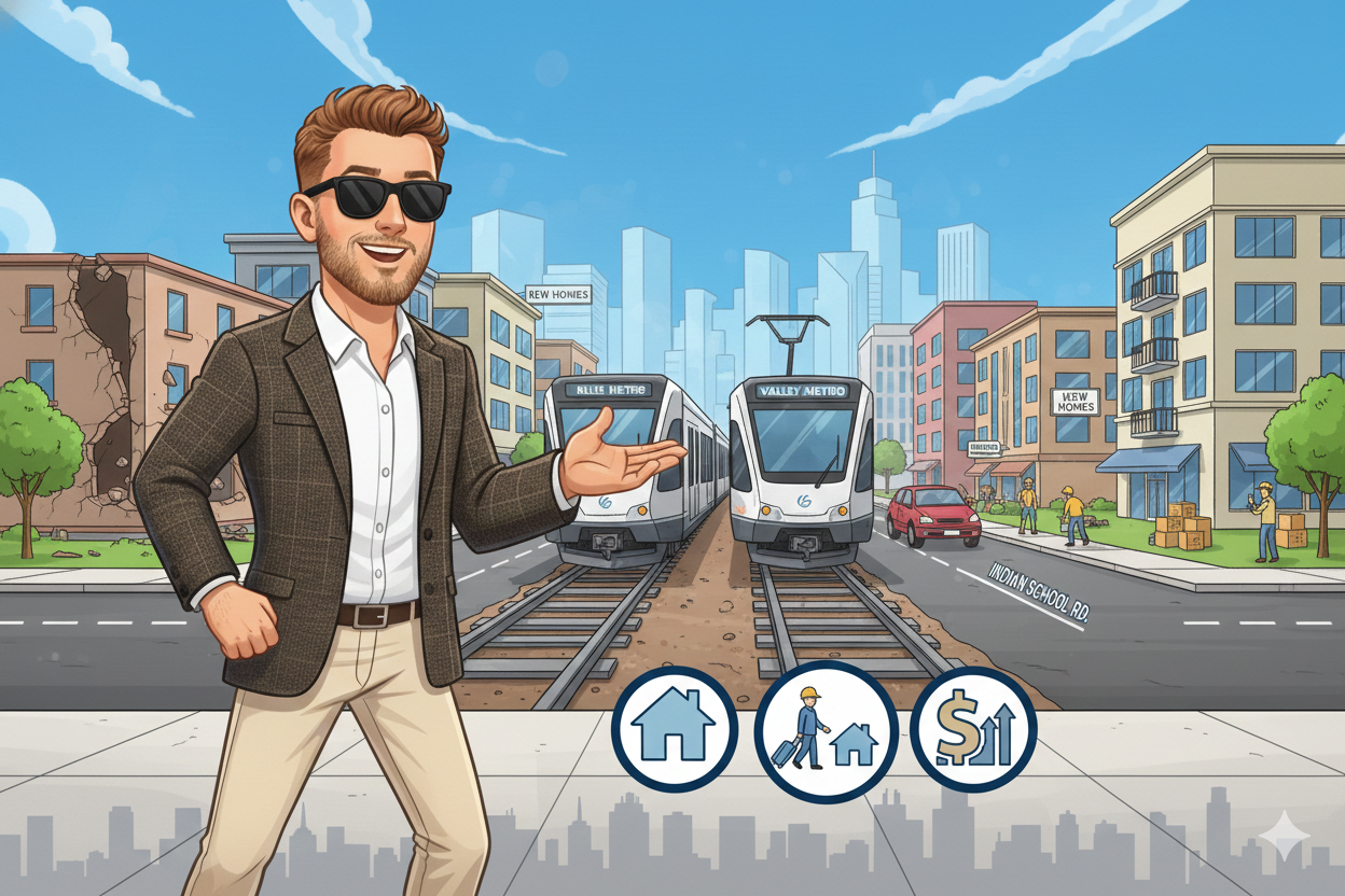 Vibrant cartoon illustration of Scott Bryant wearing sunglasses, blazer, and cream pants, pointing to a modern light rail train passing through West Phoenix and Maryvale neighborhoods, showing the transit expansion’s impact on local real estate.