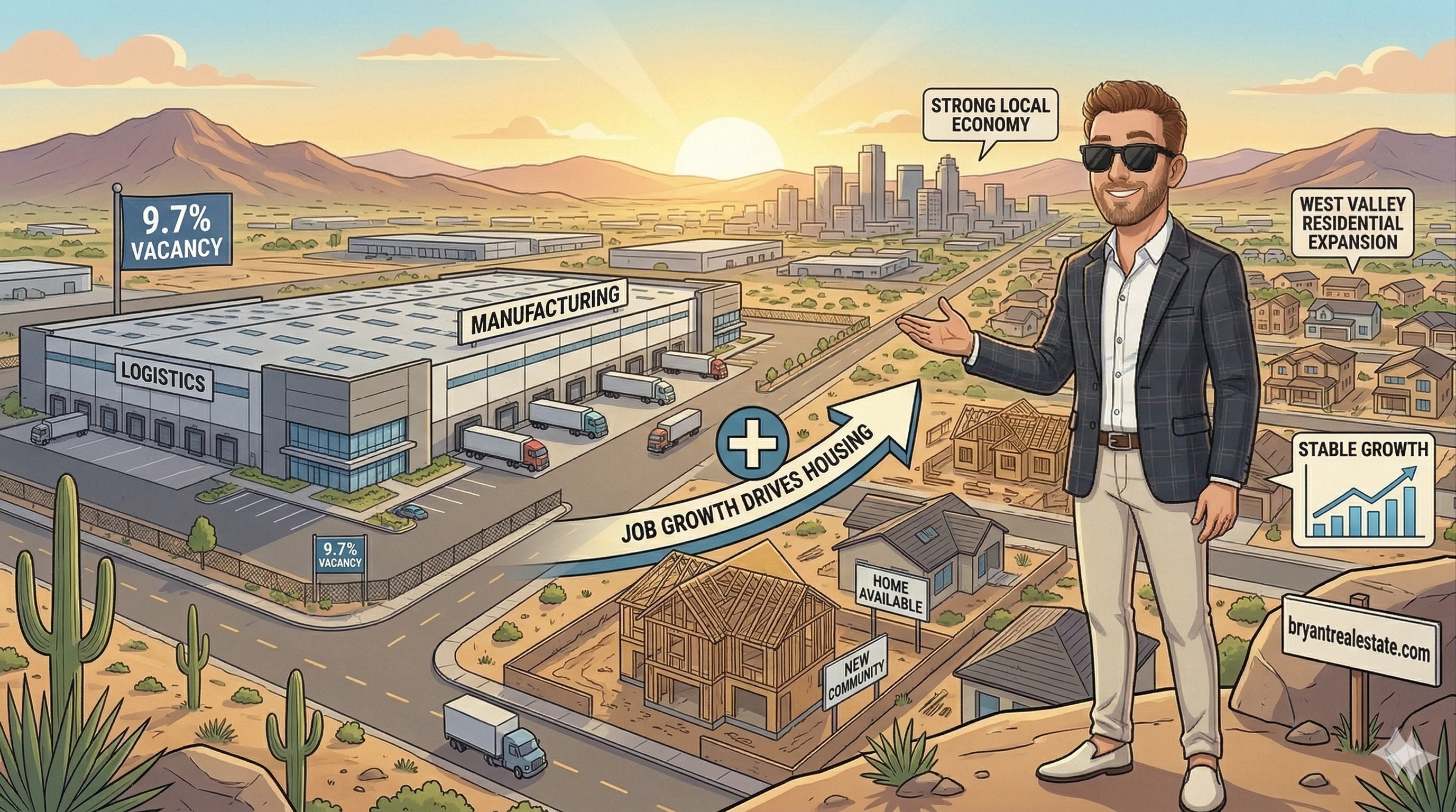 A wide-angle cartoon illustration of Scott Bryant in a blazer and sunglasses, standing on a desert hill overlooking a developing Phoenix landscape. The scene shows a large 
